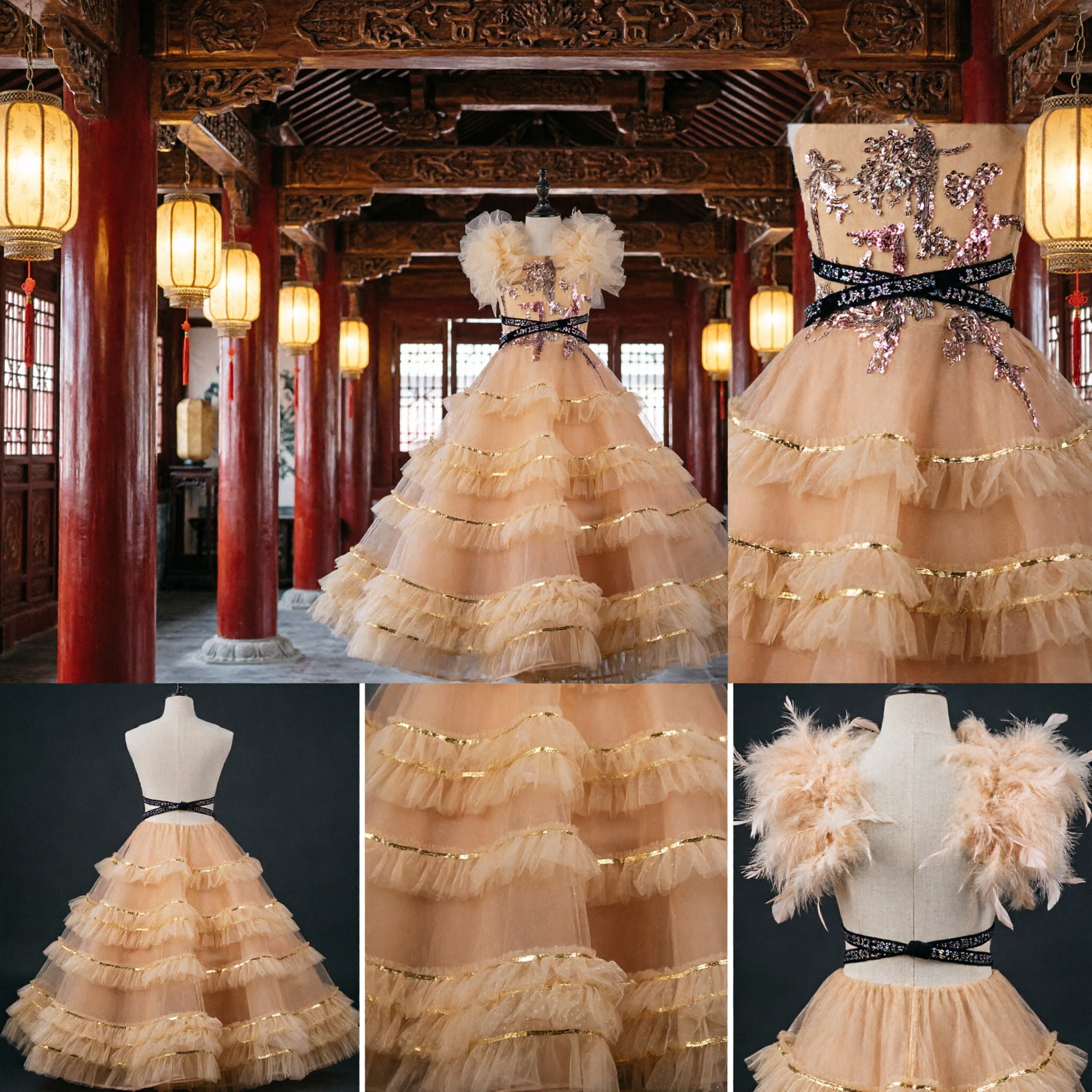 Elegant Girls Peach Sequin Ball Gown Tiered Tulle Ruffle Dress for Wedding Pageant and Party