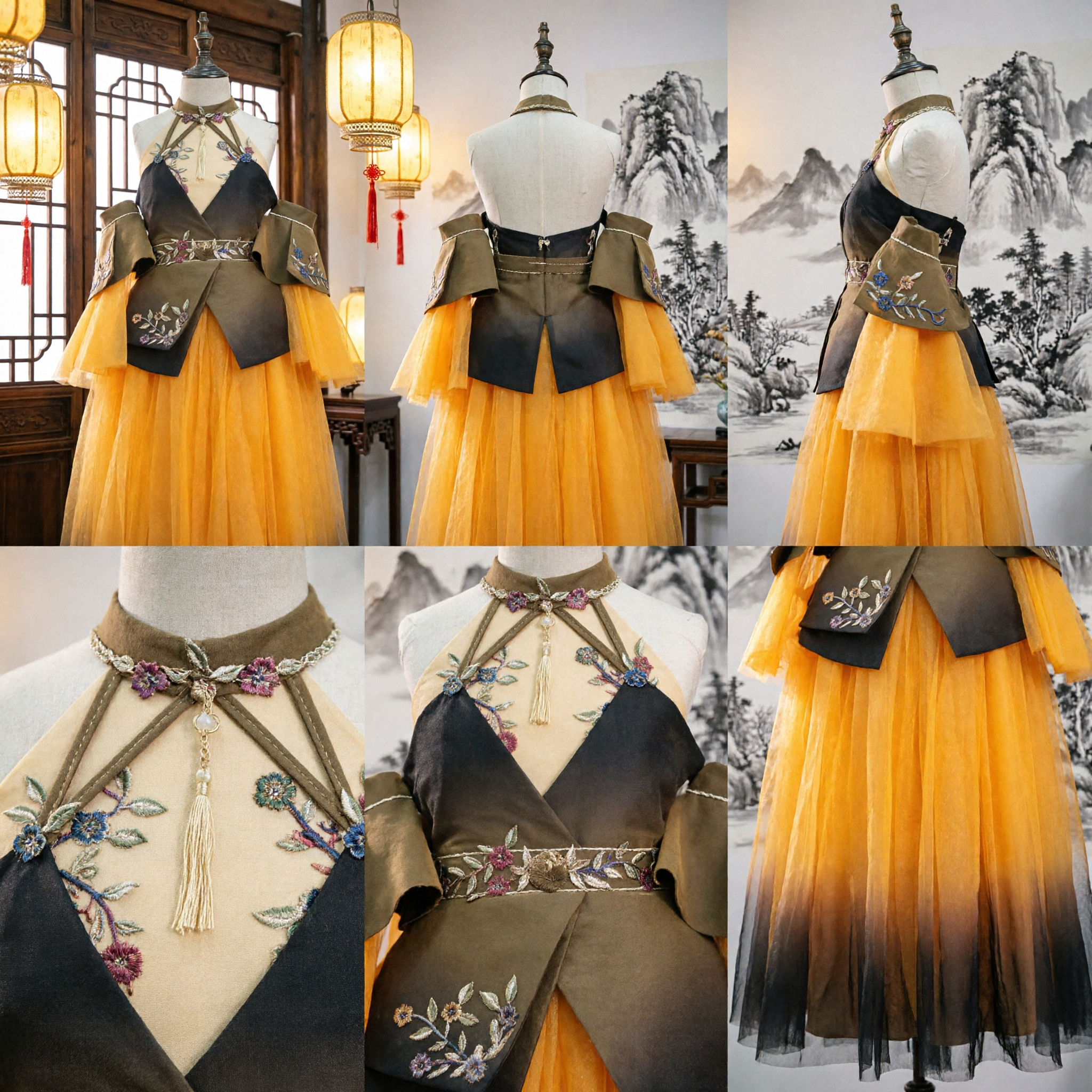 Women's Ancient Chinese Hanfu Costume Embroidered Gradient Yellow and Black Tulle Dress for Stage Performance and Cosplay