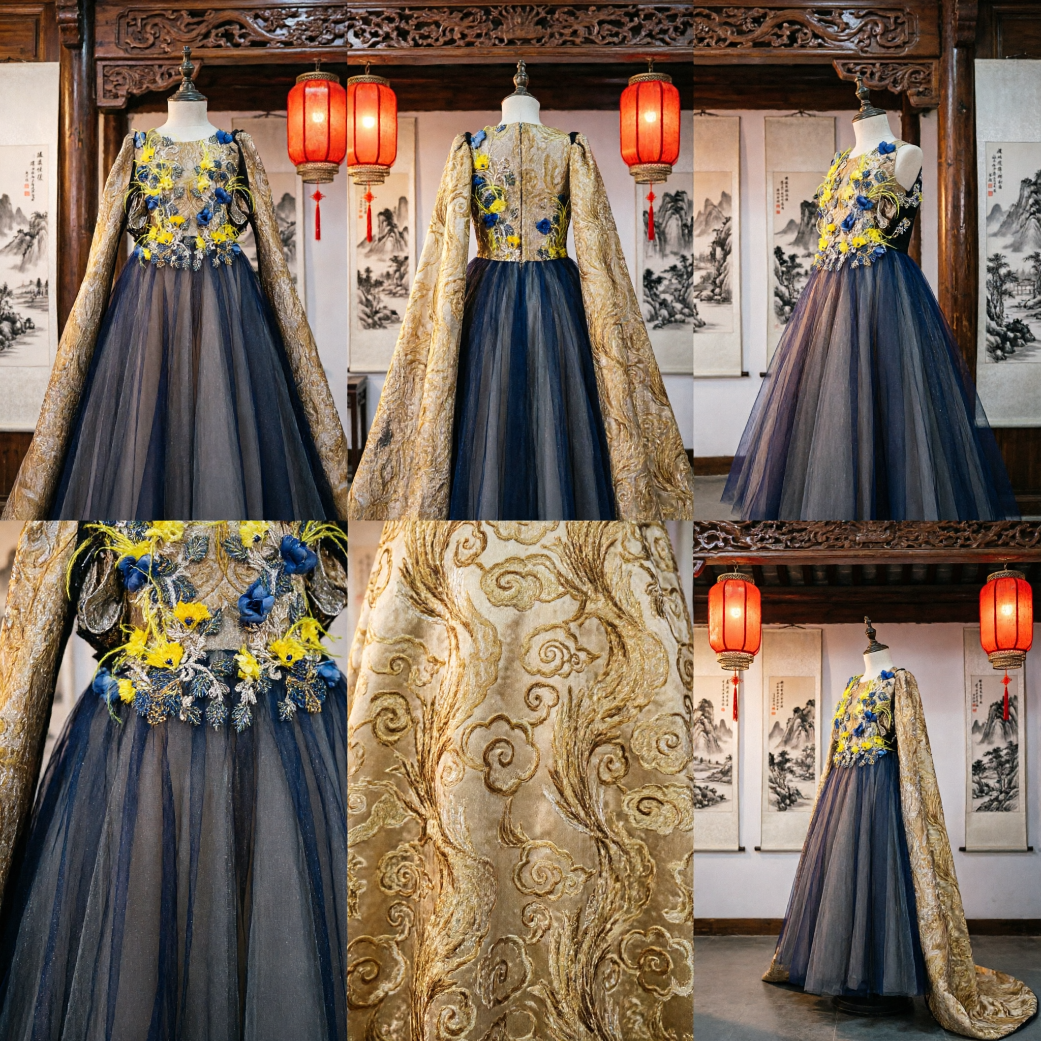 Traditional Chinese Style Gold Brocade Cape Dress with Blue Tulle and Floral Embroidery for Hostess