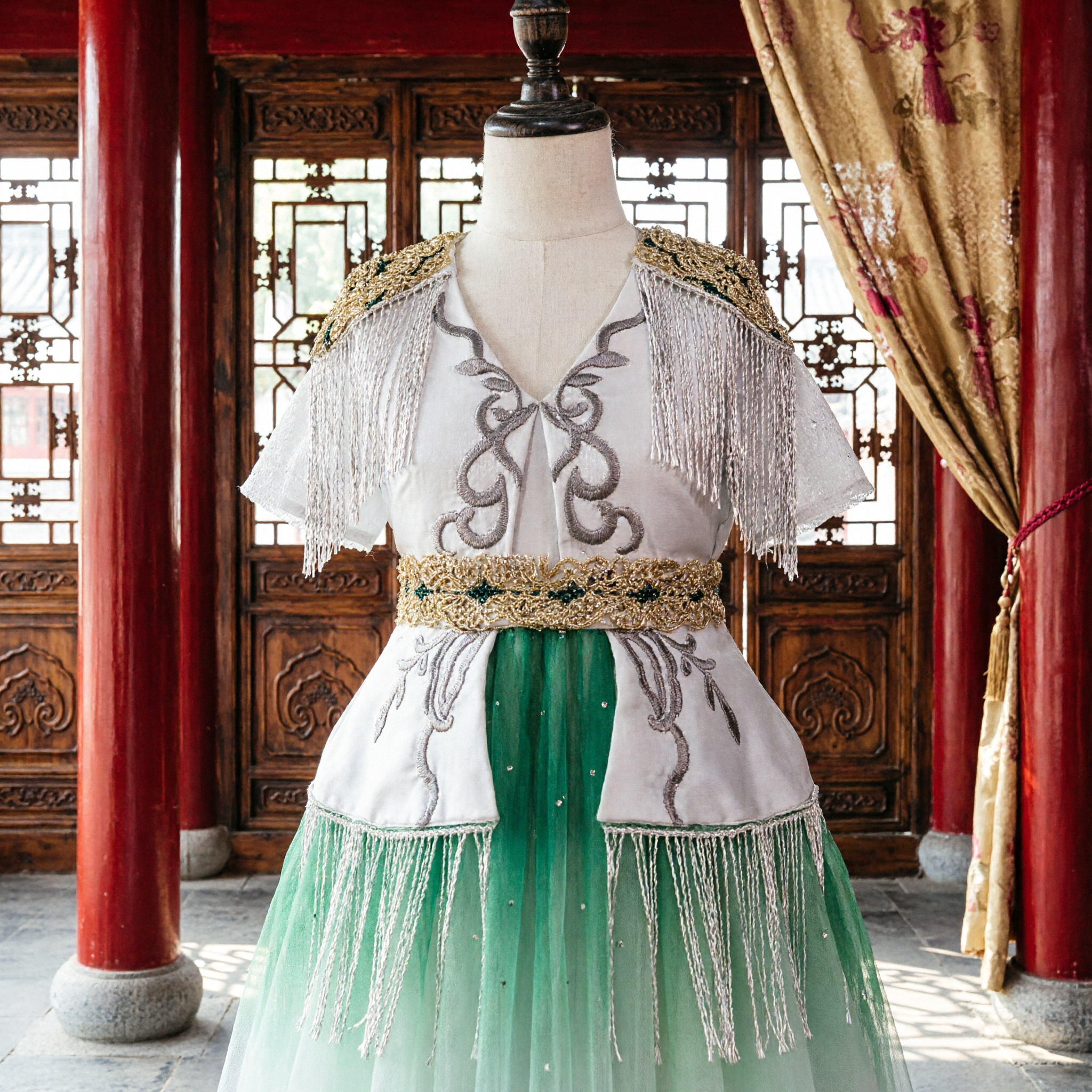 Elegant Green to White Gradient Performance Gown with Silver Fringe and Gold Trim for Stage Dance