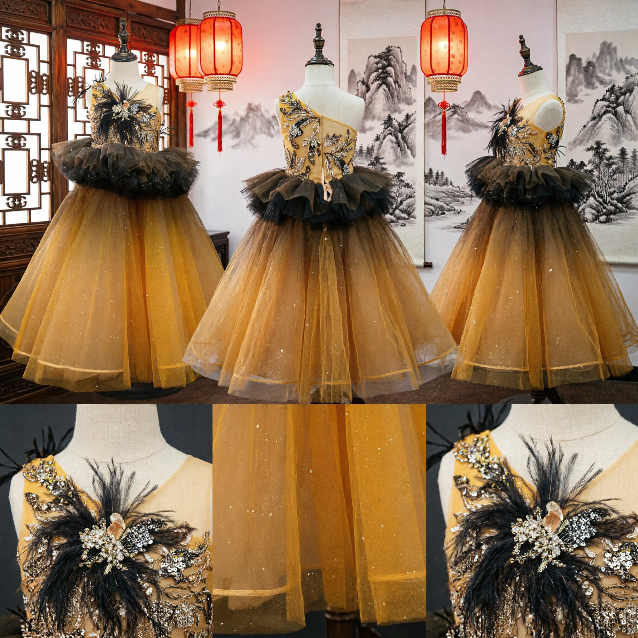 Girls Gold Sequin Feather Bodice Dress with Yellow Tulle Skirt for Pageant Stage Performance