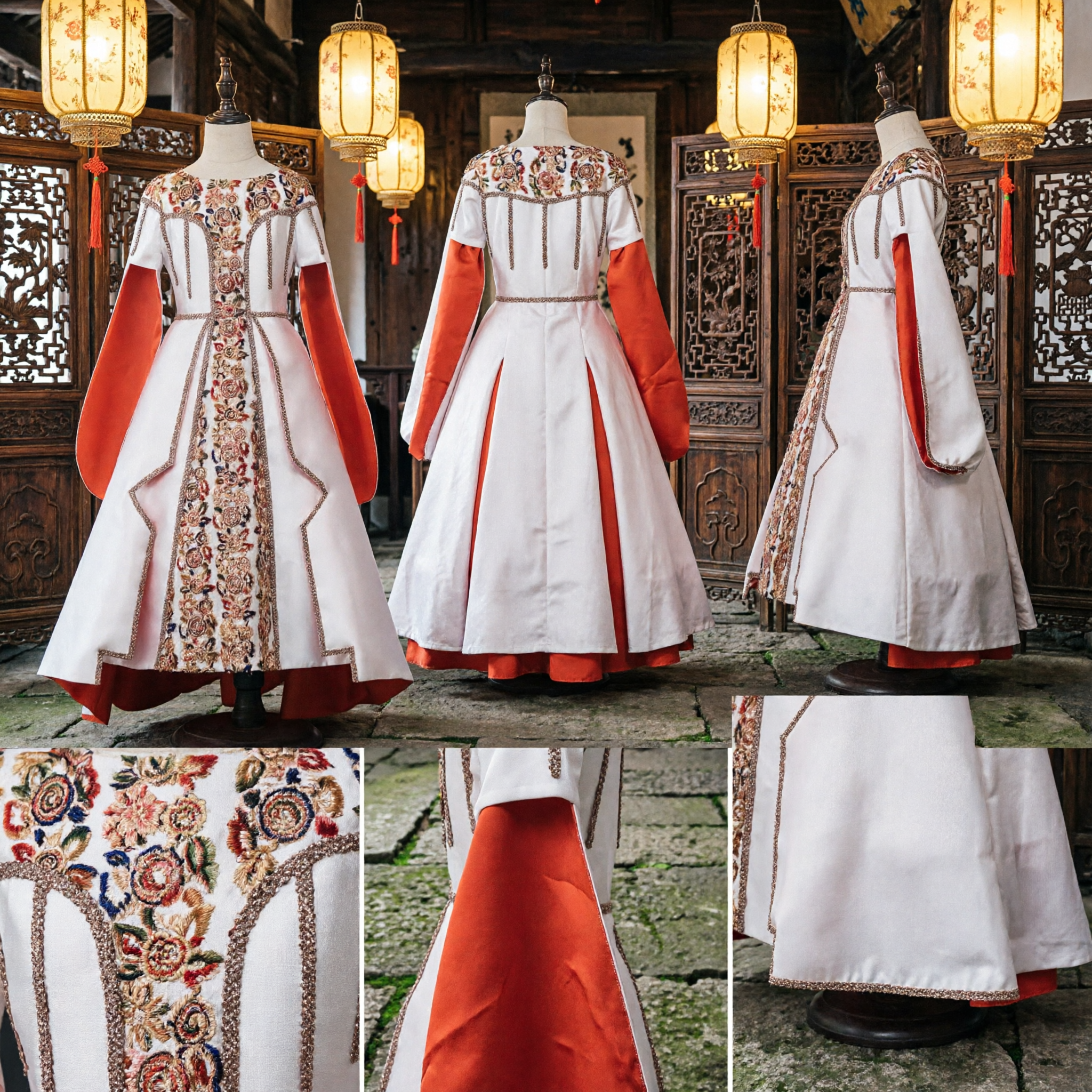 Elegant White Medieval Renaissance Princess Gown Embroidered Historical Costume with Red Sleeves for Women Cosplay