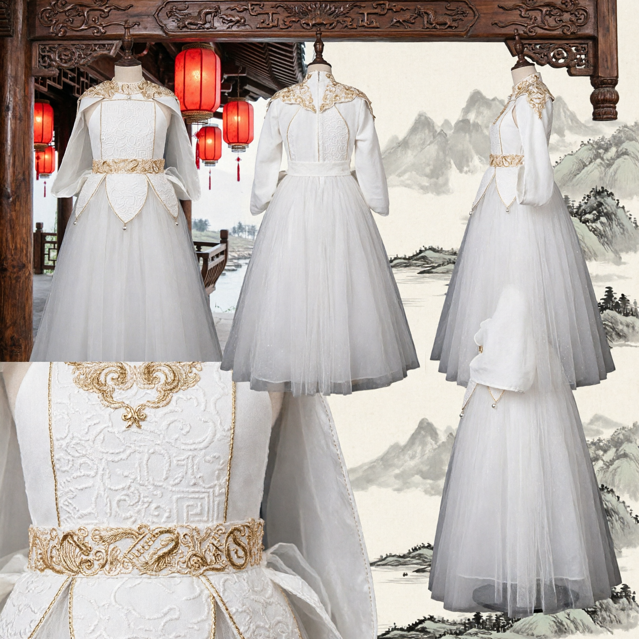 White Medieval Fantasy Princess Dress with Gold Embroidered Cape Ball Gown for Women Stage Cosplay