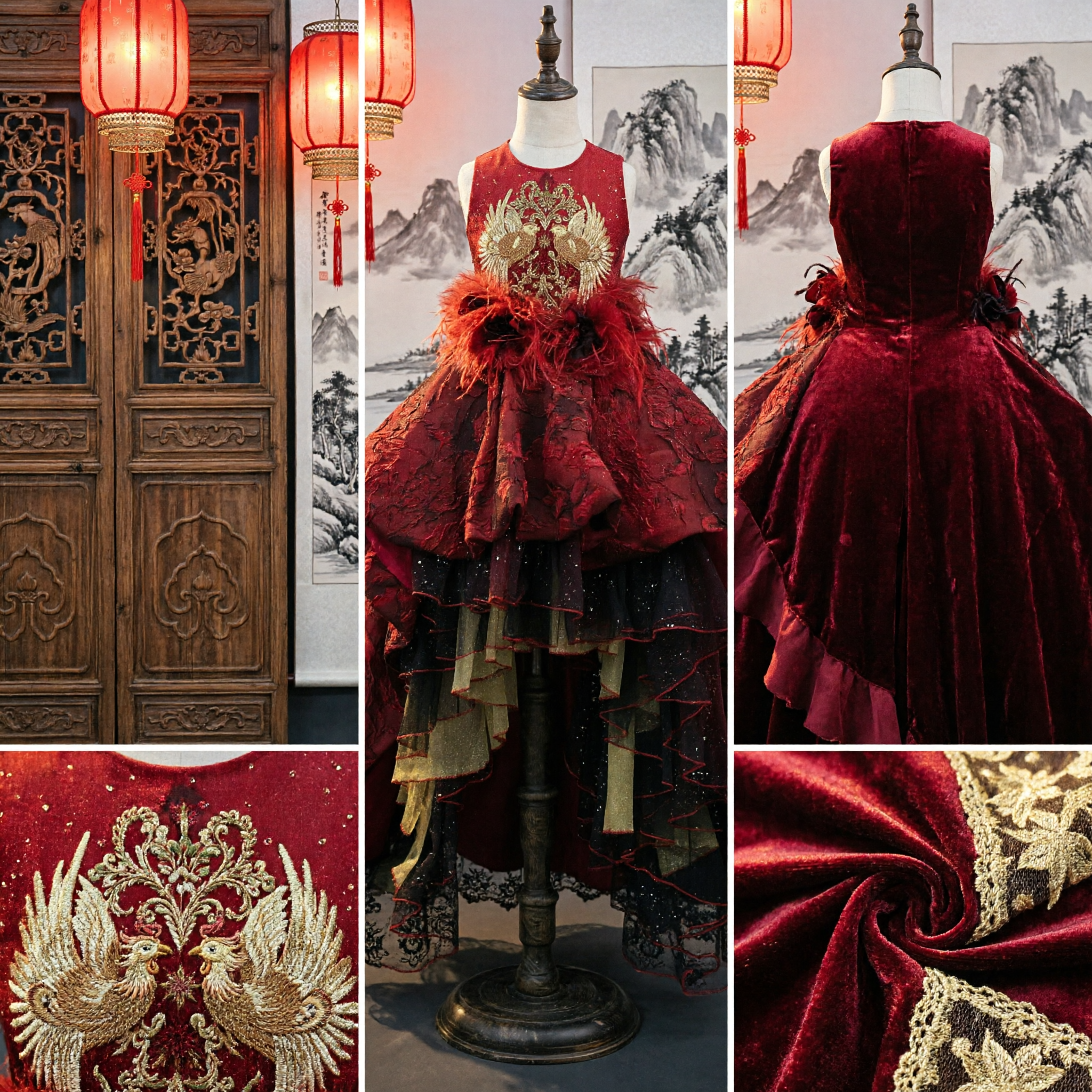 Elegant Red Traditional Chinese Phoenix Embroidery Flower Girl Dress for Kids Wedding Party Pageant