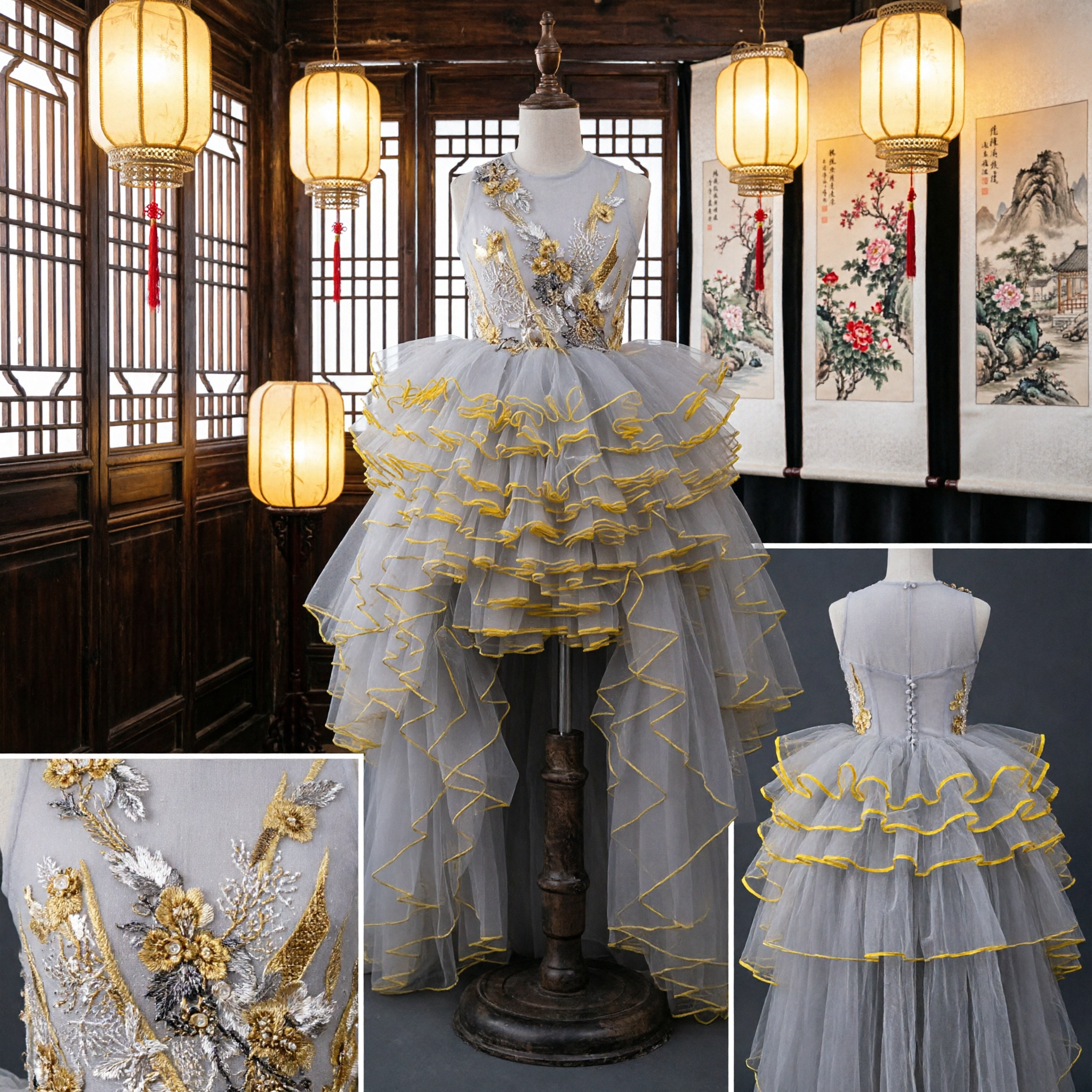Girls Elegant Grey Tulle High-Low Stage Performance Dress with Gold Ruffles and Sequin Embroidery Bodice