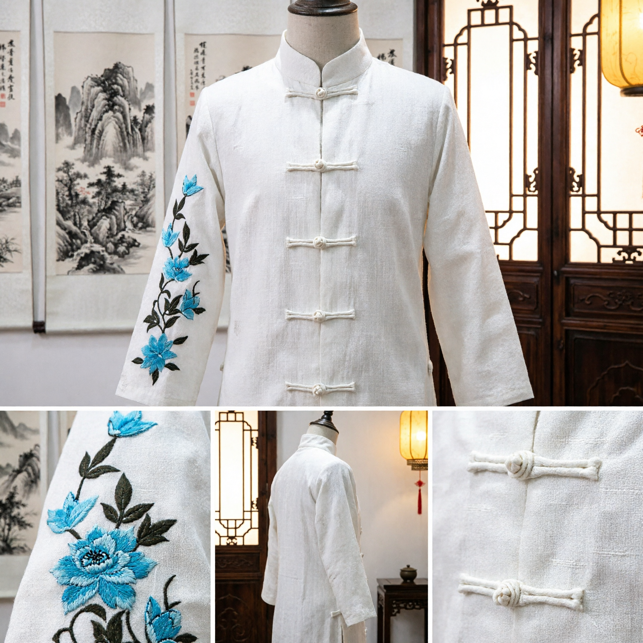 Men's White Chinese Tang Suit Traditional Embroidered Kung Fu Uniform Mandarin Collar Shirt for Tai Chi Practice