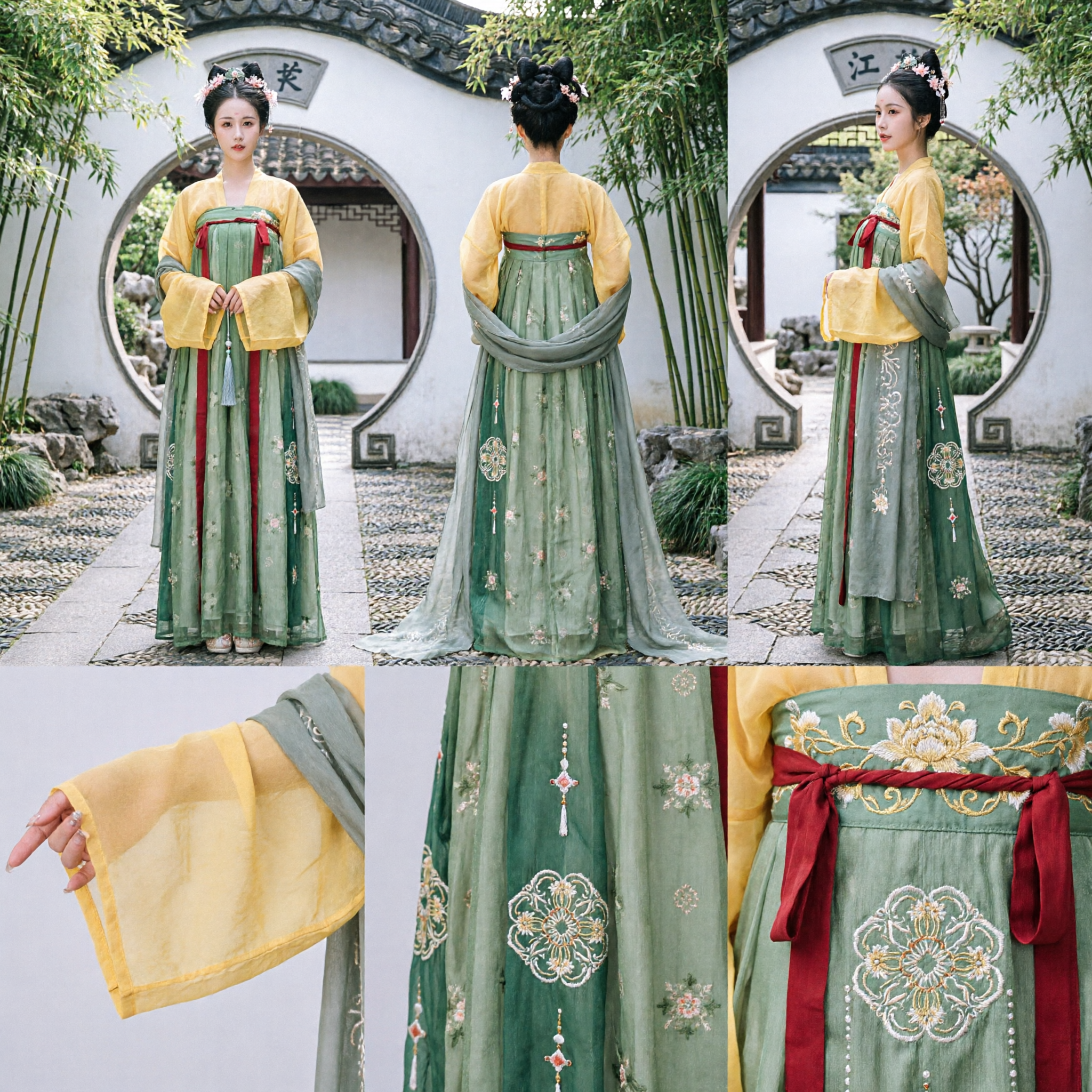 Chinese Traditional Tang Dynasty Hanfu Costume Ancient Princess Fairy Dress Yellow Top Green Skirt for Women