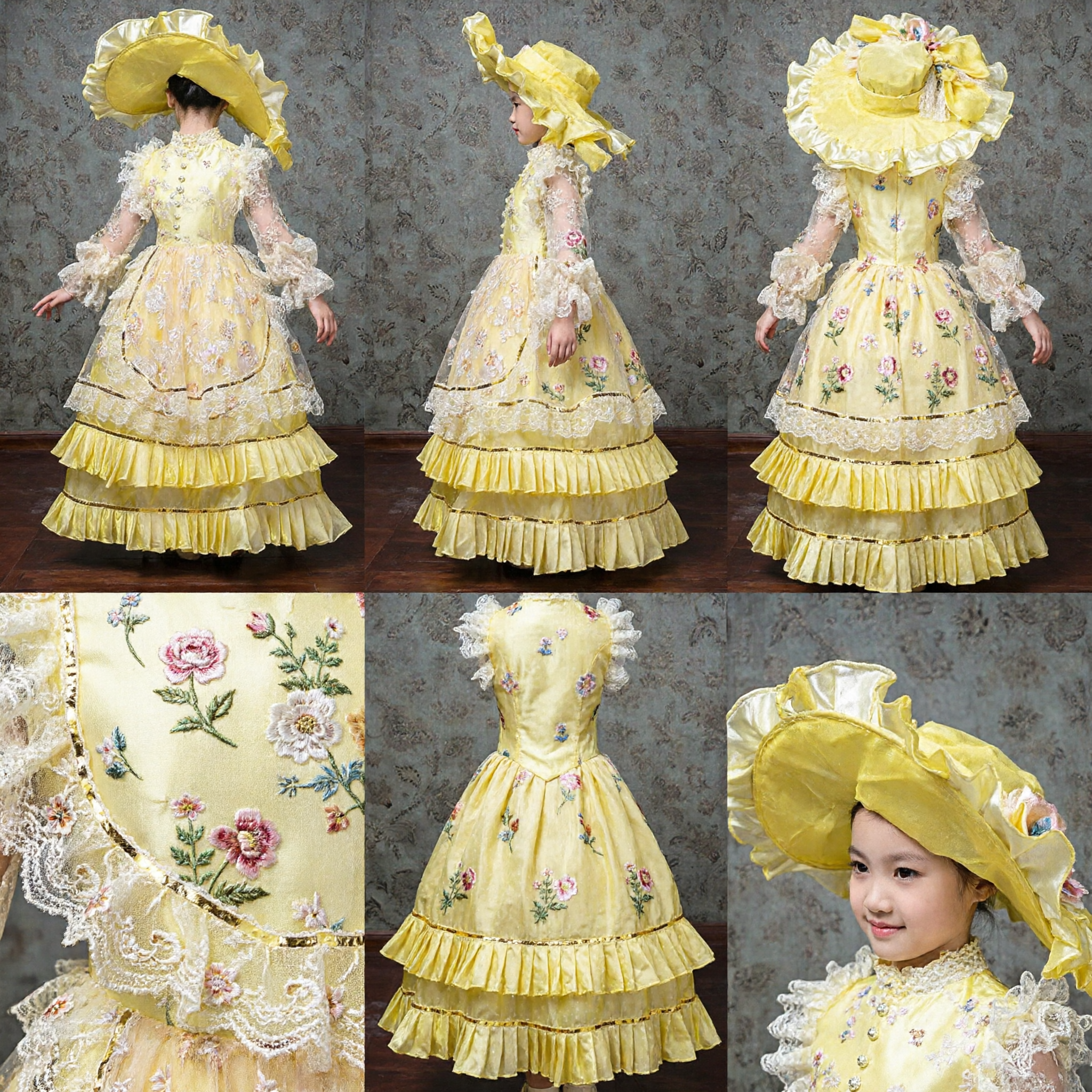 Elegant Yellow Victorian Rococo Princess Dress for Girls with Large Hat Historical Stage Costume