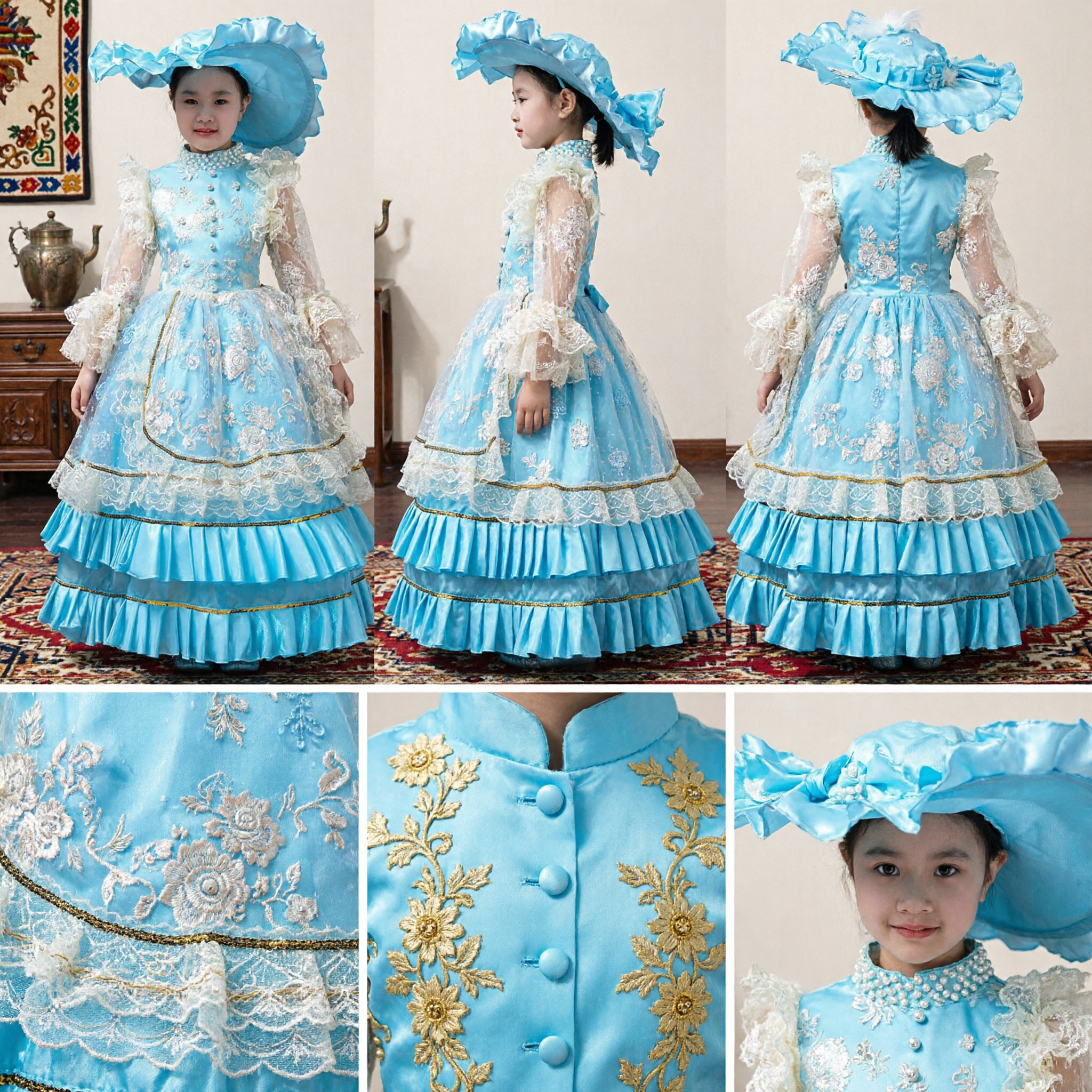 Girls Blue Victorian Princess Ball Gown with Lace Sleeves and Matching Hat for Stage Performance