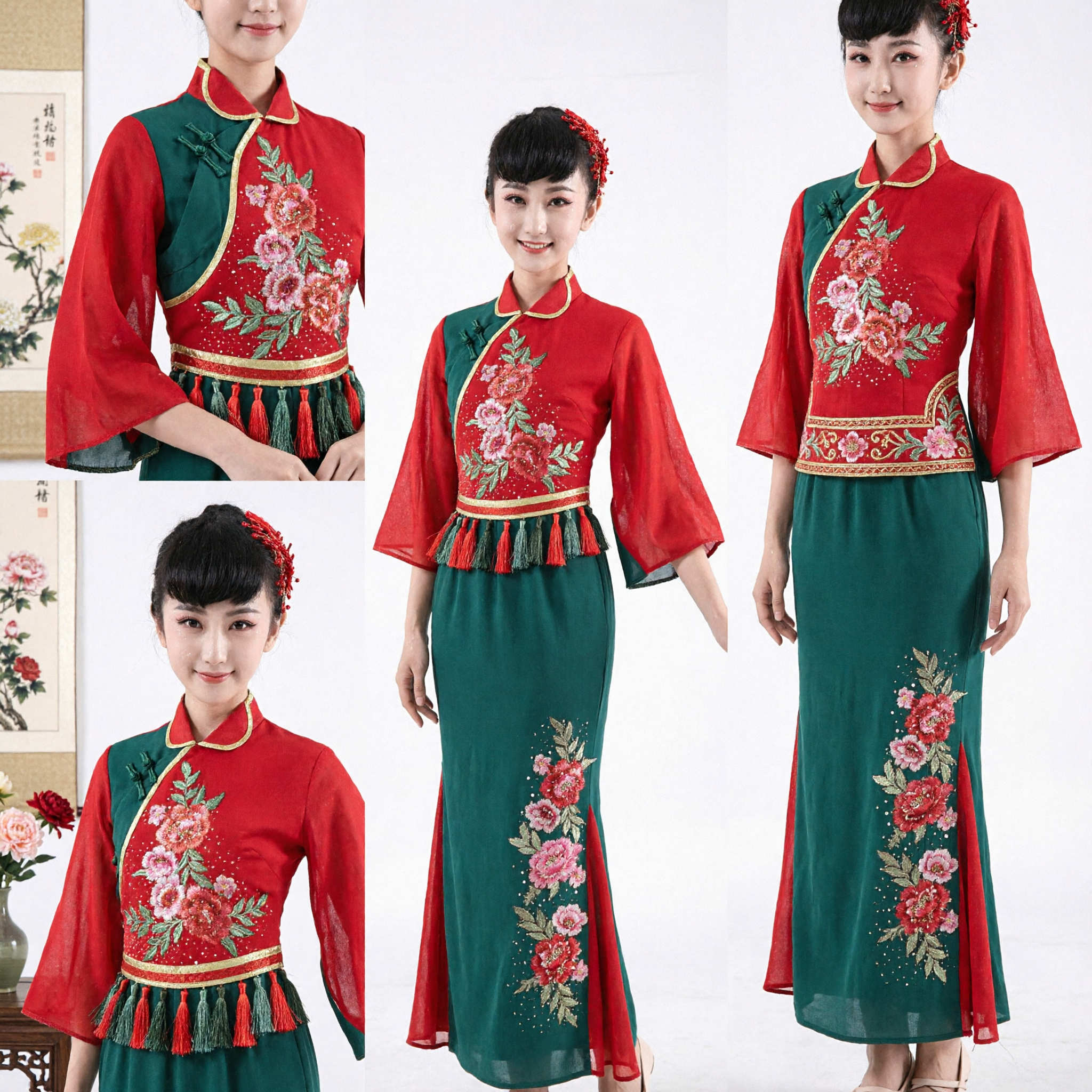 Women's Chinese Folk Dance Costume Red Green Embroidered Yangge Fan Dance Traditional Stage Performance Outfit
