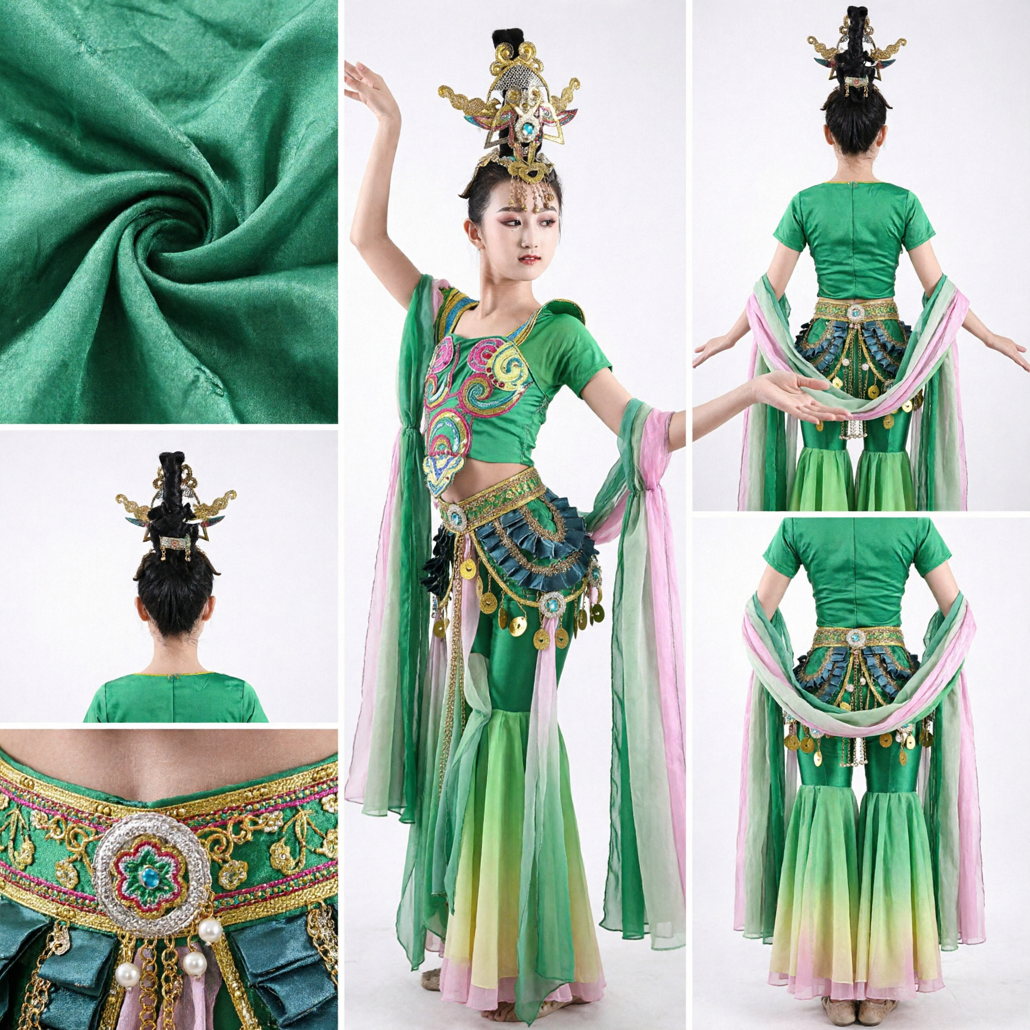 Women's Green Dunhuang Flying Apsara Costume Traditional Chinese Folk Dance Stage Performance Outfit