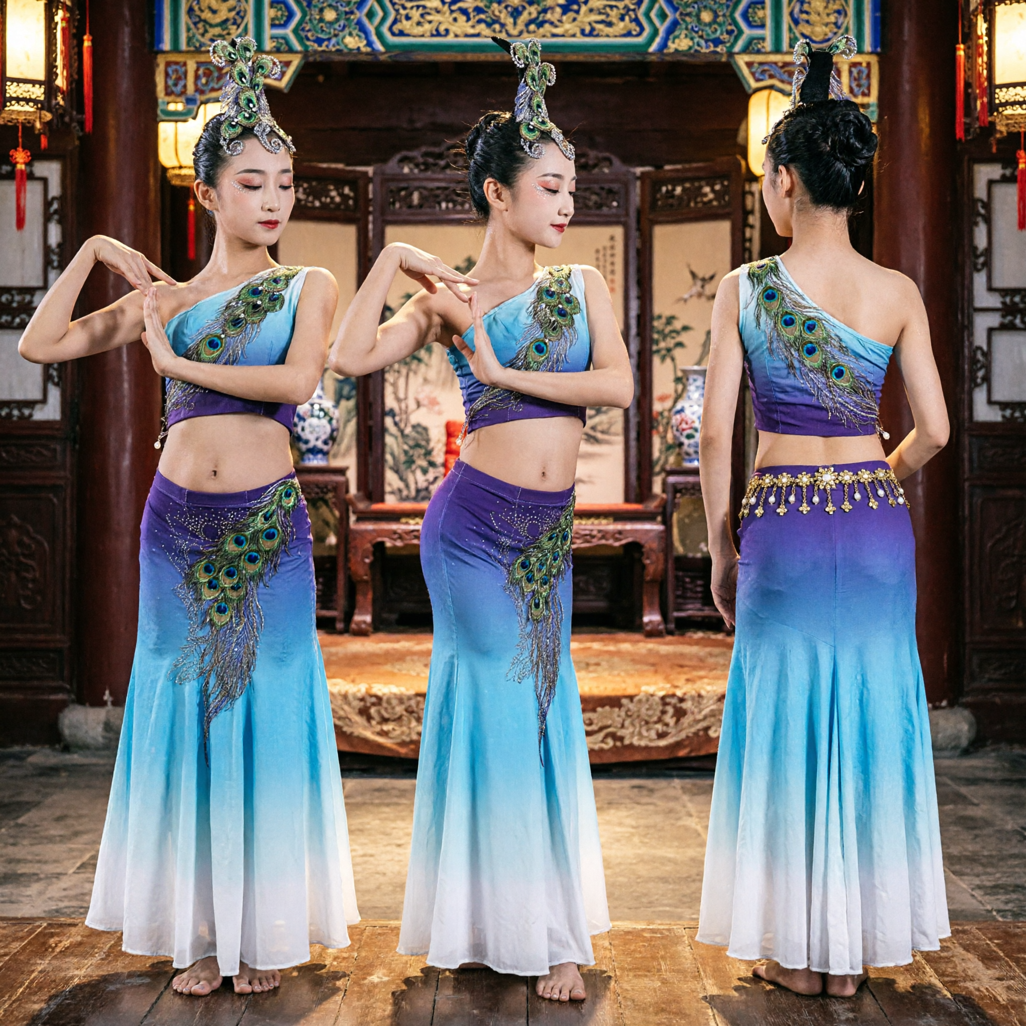Traditional Chinese Dai Peacock Dance Costume Blue Gradient Stage Performance Dress for Women