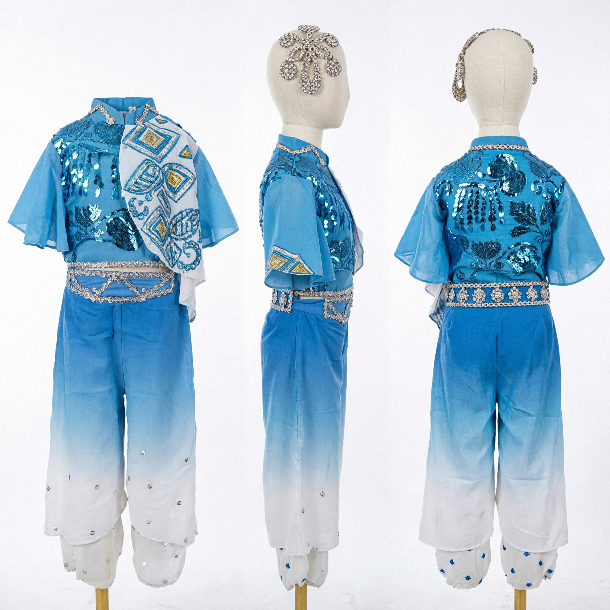 Men's Traditional Chinese Blue Gradient Dance Costume with Sequins and Silver Accessories for Stage Performance