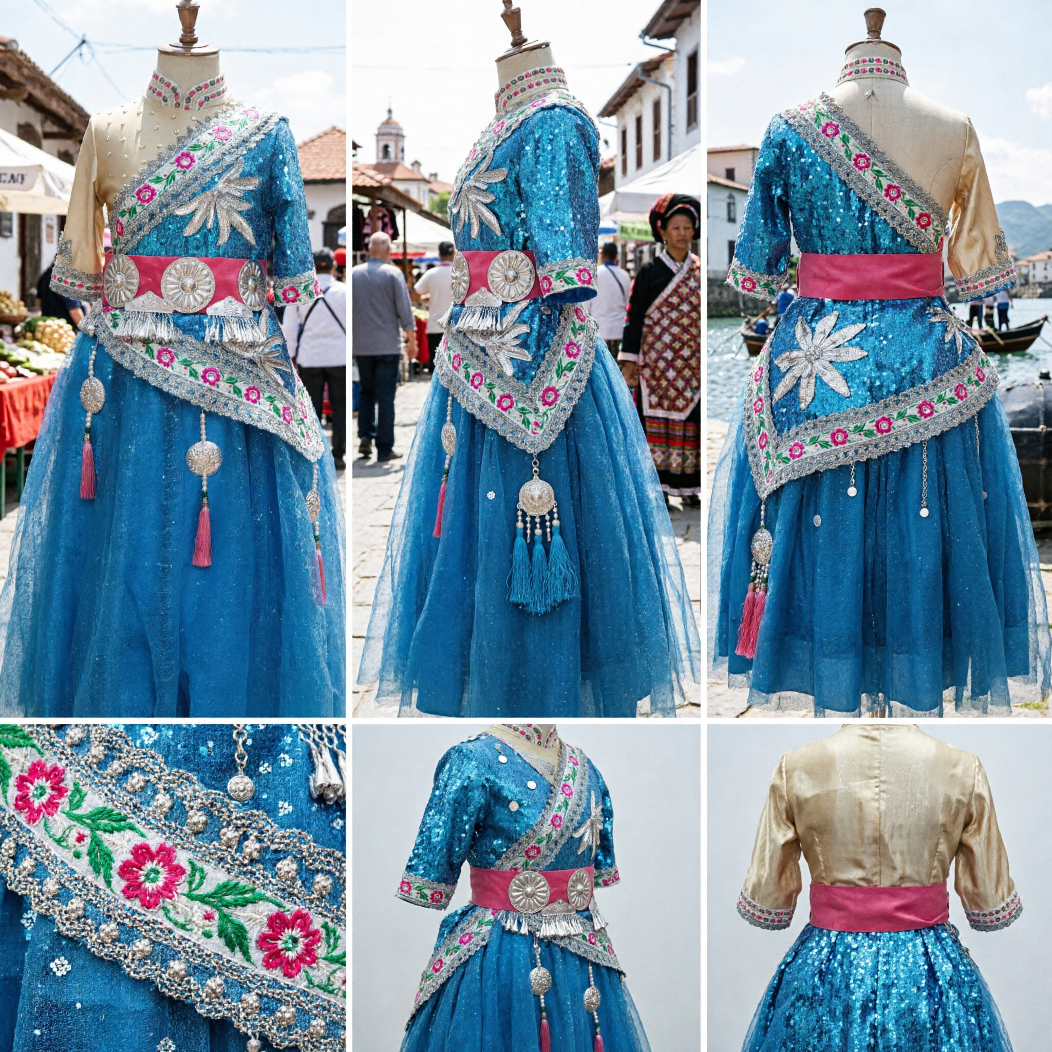 Chinese Traditional Miao Ethnic Minority Dance Costume Kids Girls Blue Silver Embroidery Stage Performance Clothing Set