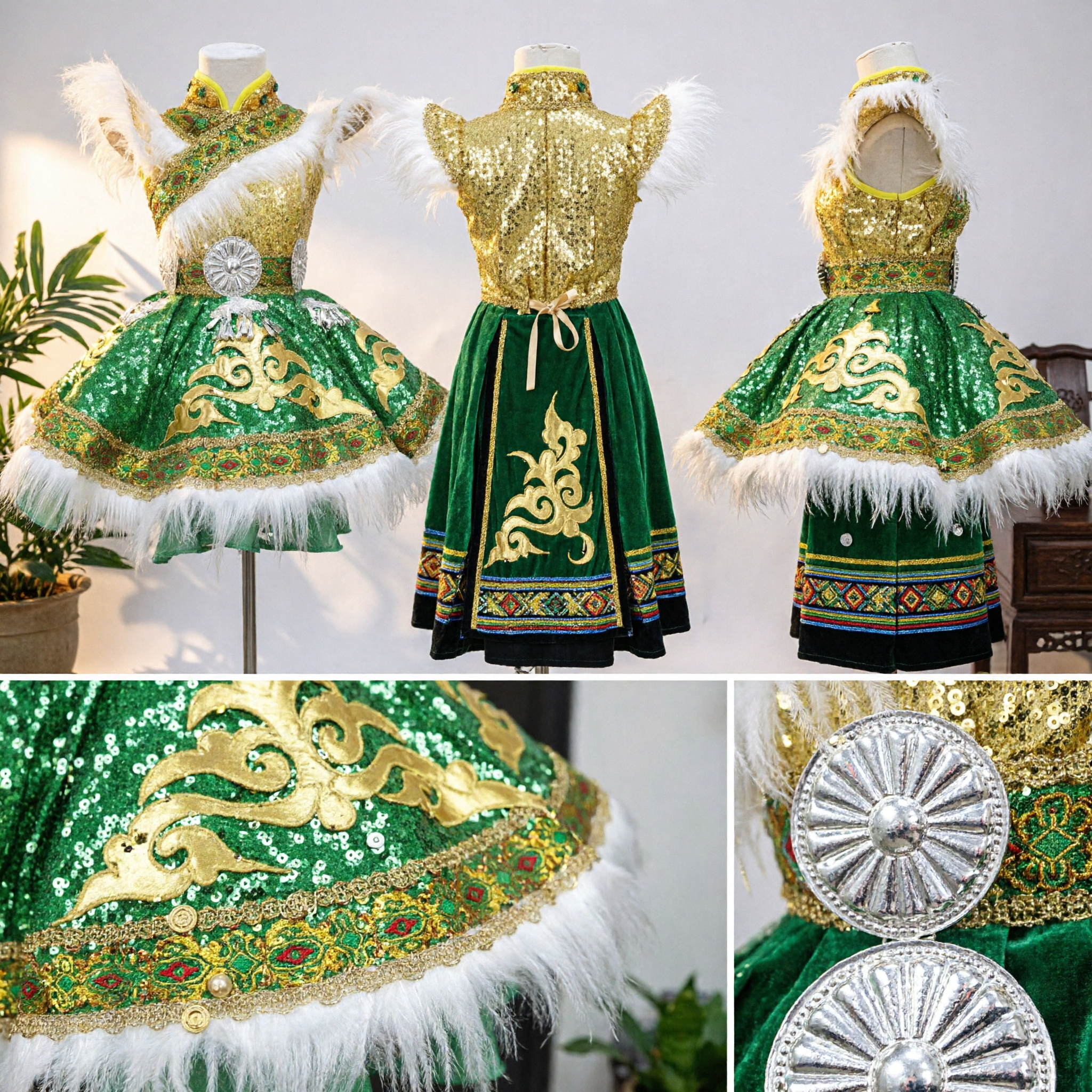 Traditional Chinese Mongolian Dance Costume for Kids Girls Green Sequin Ethnic Stage Performance Dress with Fur Trim