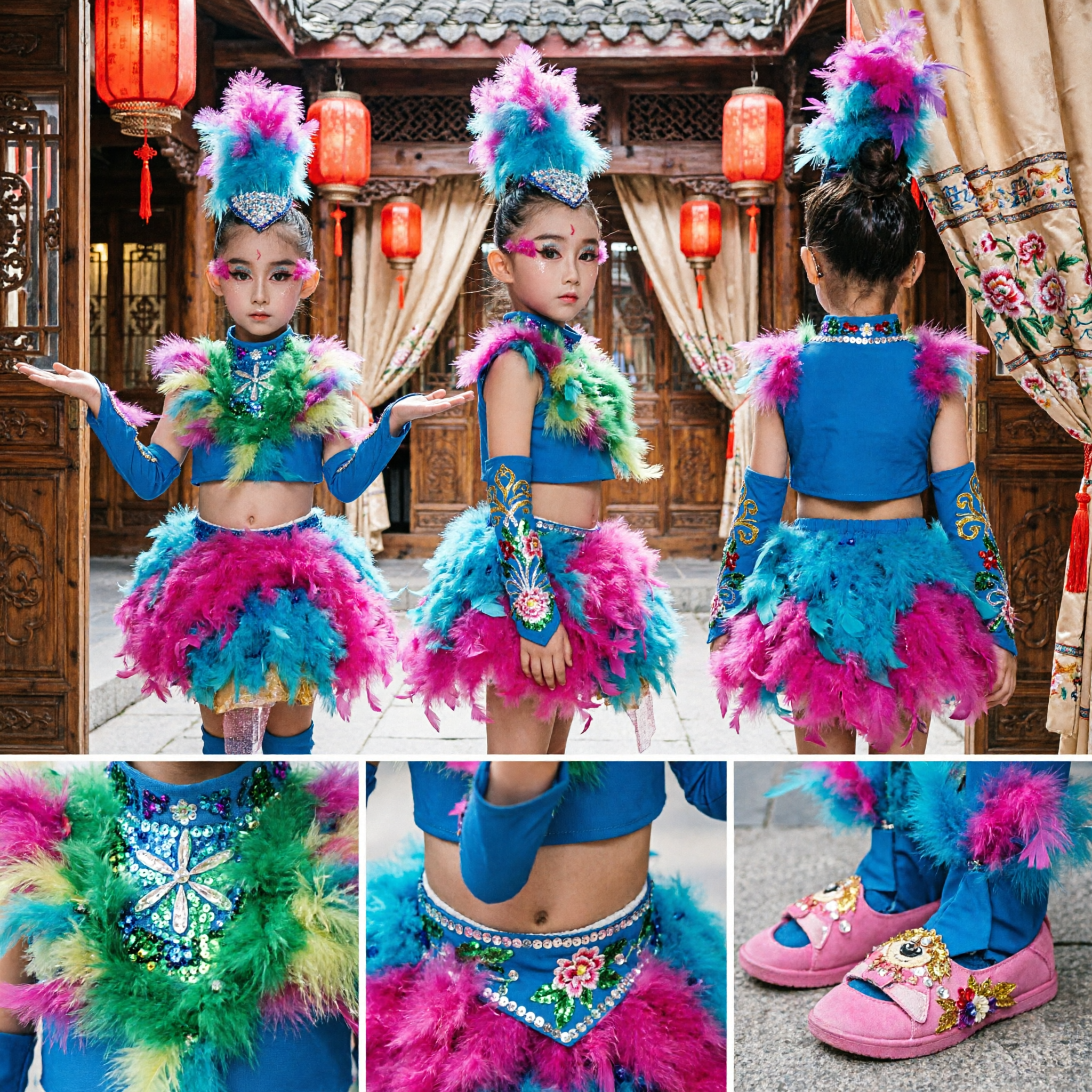 Girls Brazilian Samba Carnival Dance Costume Feather Skirt Top Headdress Set Kids Stage Performance Outfit