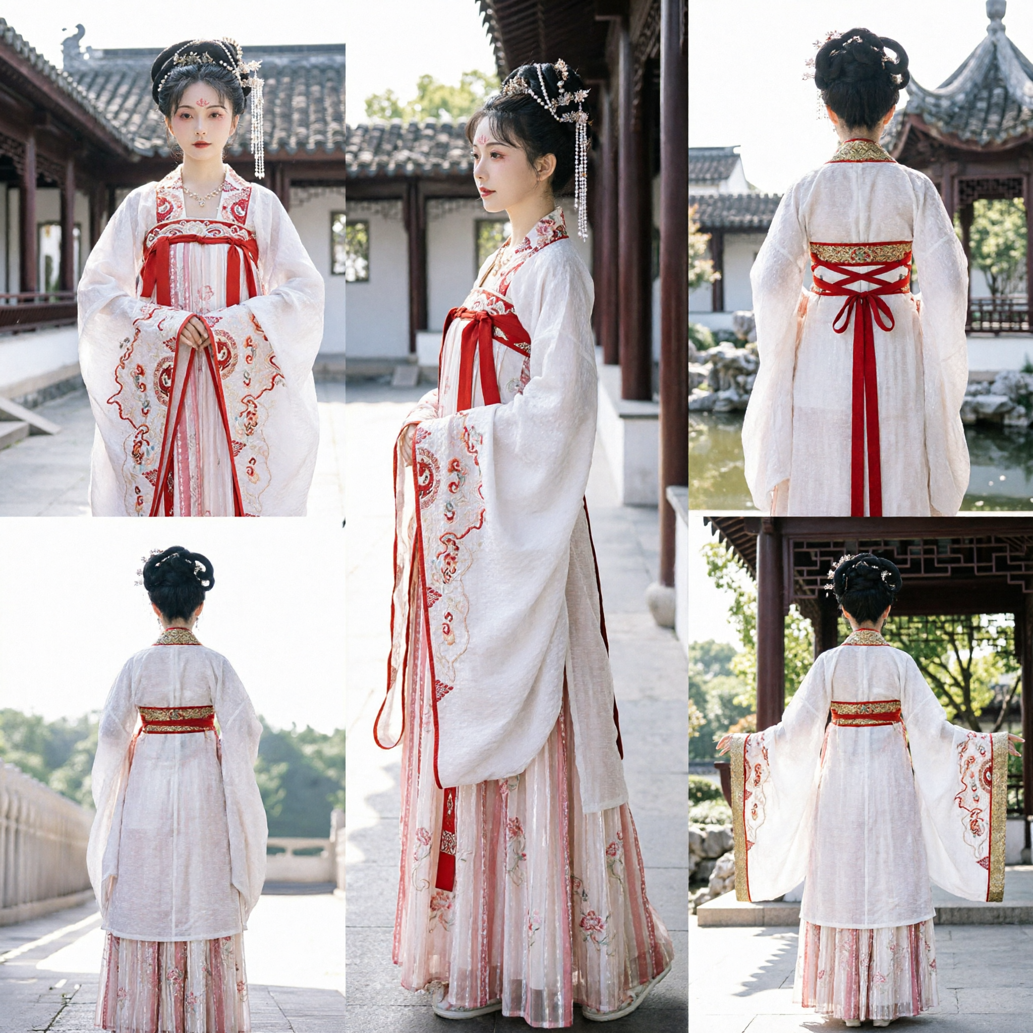 Traditional Chinese Tang Dynasty Hanfu Qixiong Ruqun Embroidered White and Red Princess Costume for Women
