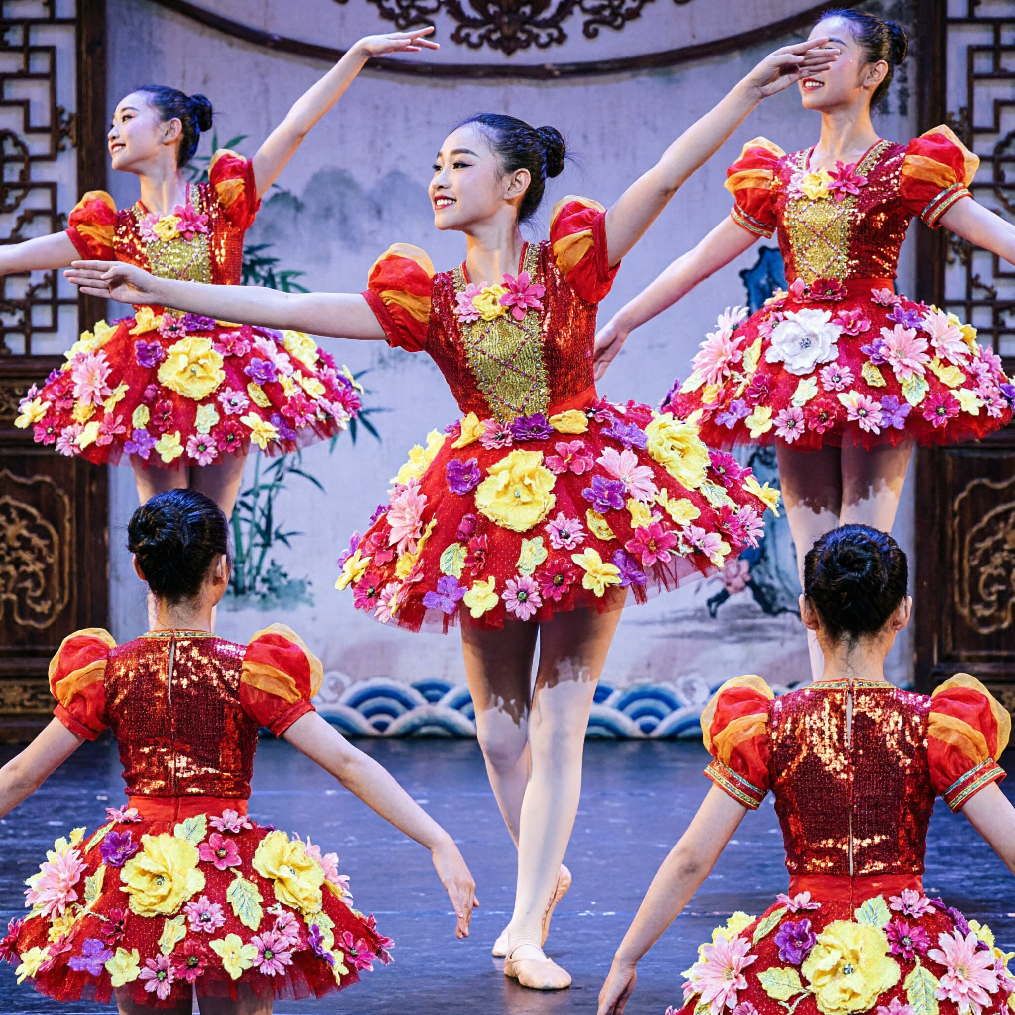 Vibrant Red Floral Chinese Folk Dance Costume for Women Stage Performance and Group Competitions
