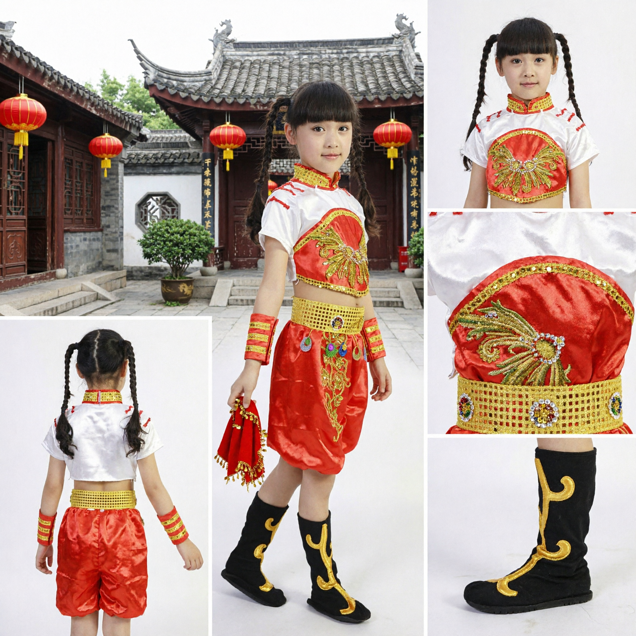 Traditional Chinese Folk Dance Costume for Girls Kids Red and Gold Ethnic Performance Outfit