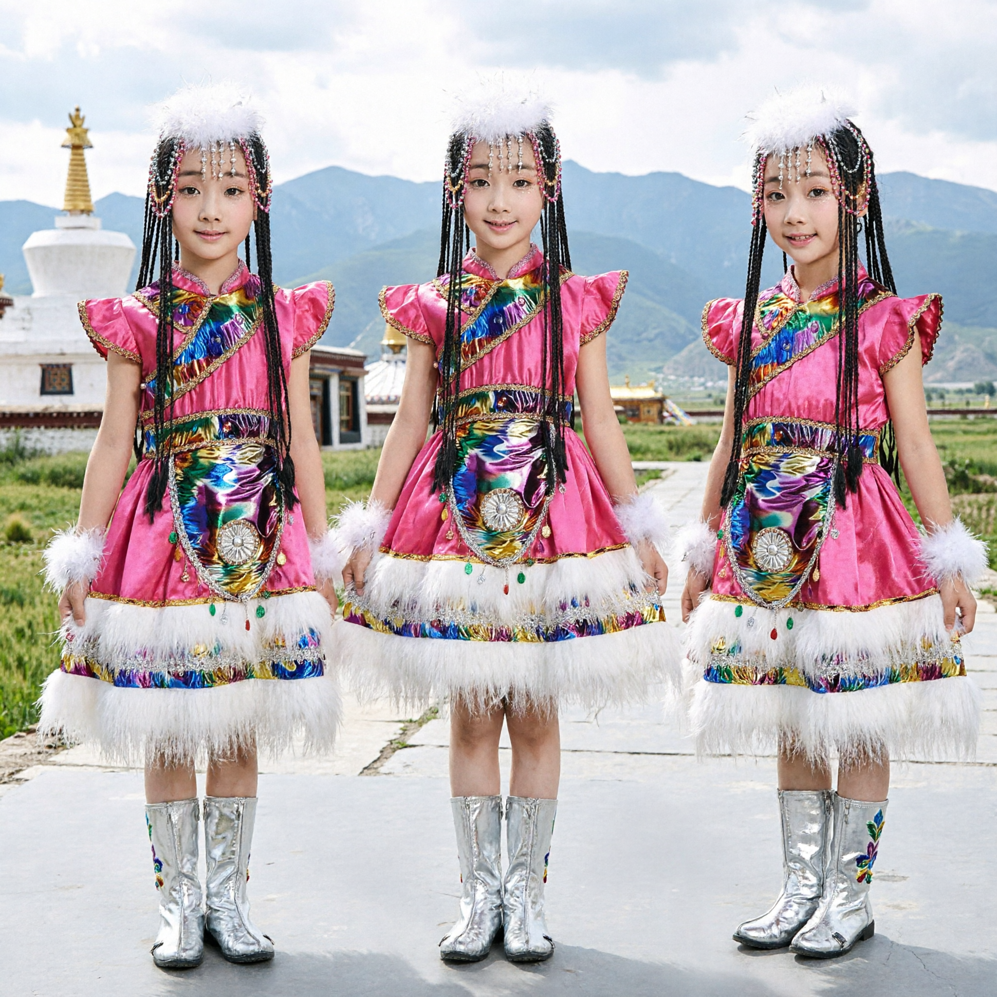 Girls Traditional Chinese Ethnic Dance Costume Pink Stage Performance Dress with Fur Trim and Beaded Headdress