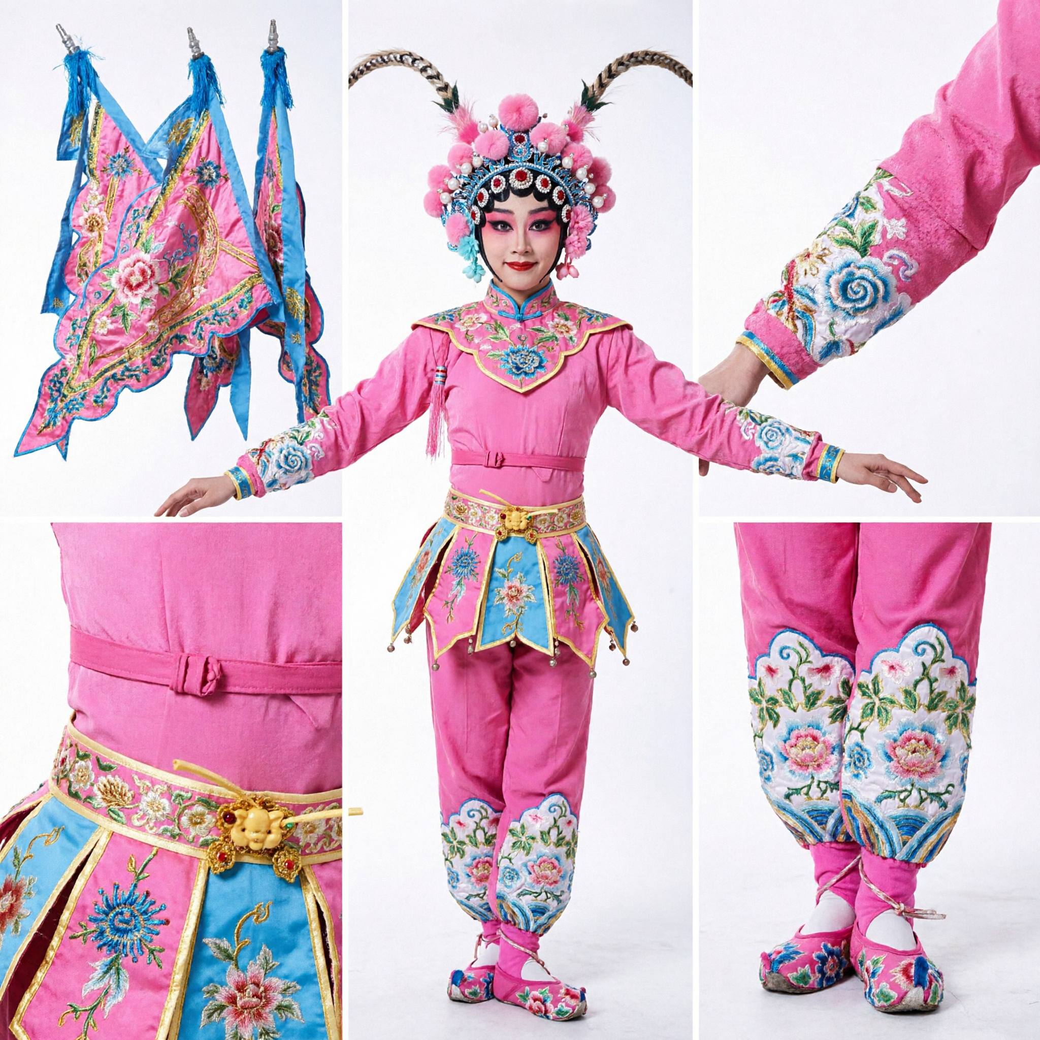 Traditional Chinese Peking Opera Female Warrior Pink Costume with Flags and Spear for Stage Performance
