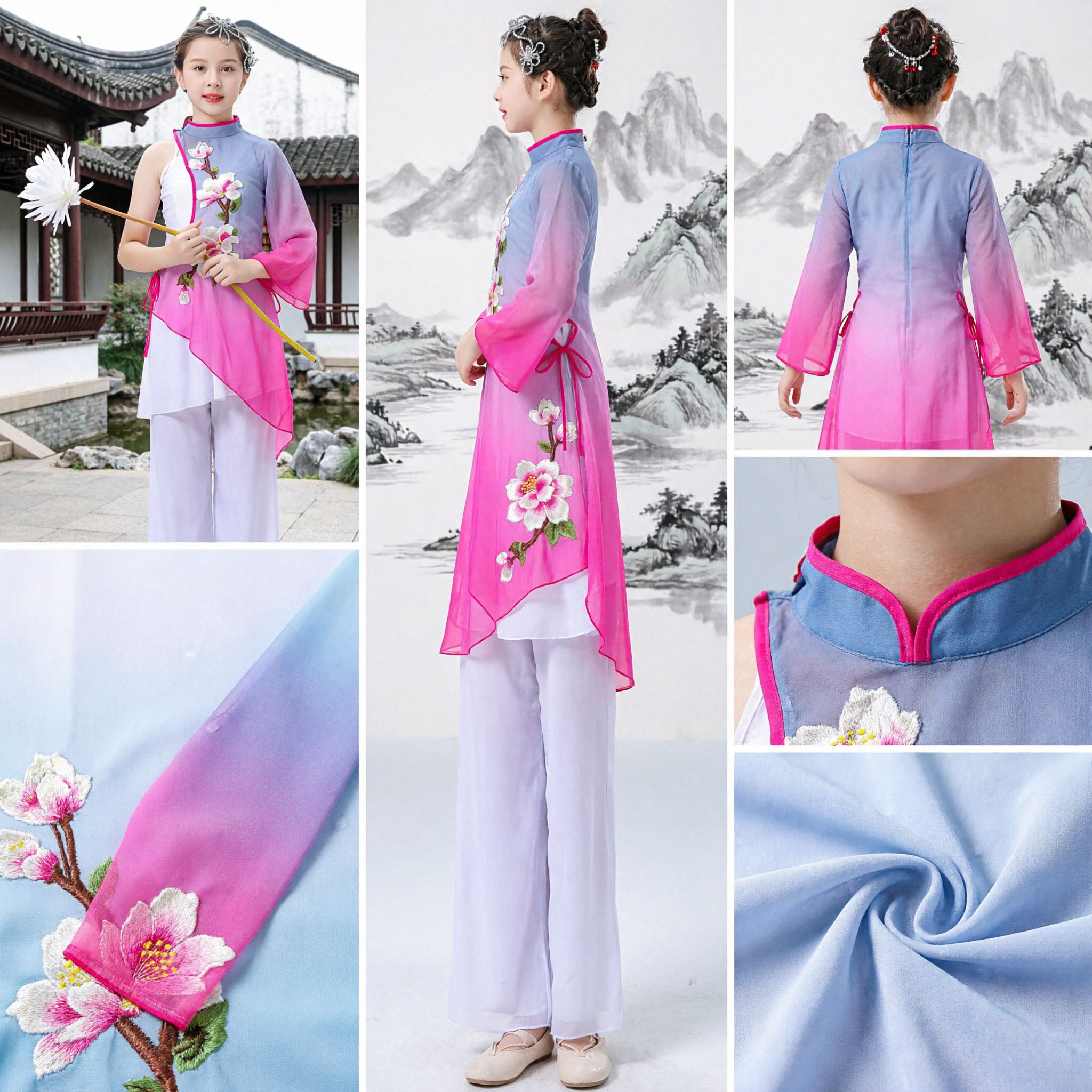 Girls Chinese Traditional Dance Costume Kids Classical Folk Performance Outfit Gradient Purple Floral Top White Pants