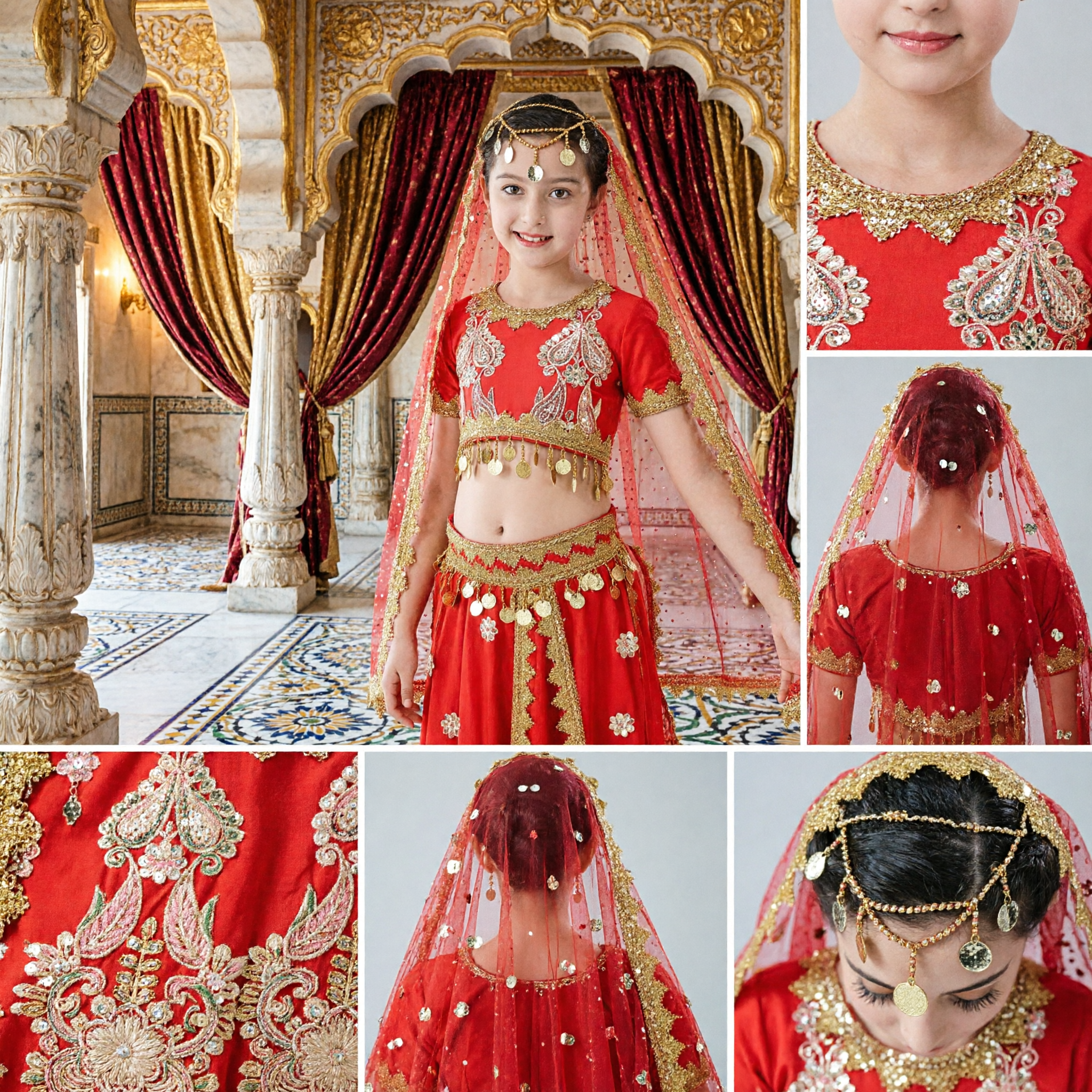 Kids Indian Bollywood Dance Costume Red Lehenga Choli Belly Dance Outfit with Veil for Girls Stage Performance