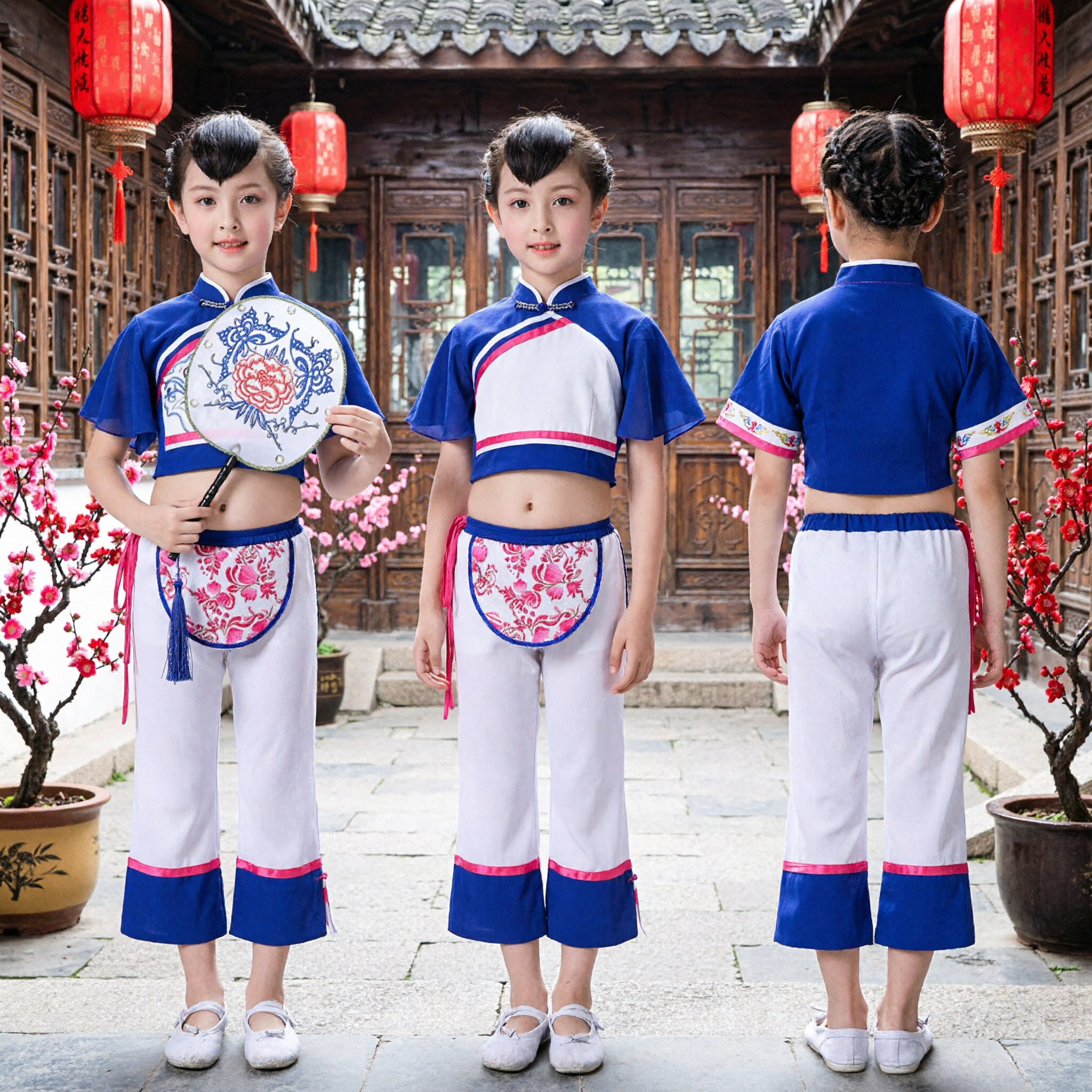 Kids Chinese Traditional Folk Dance Costume Blue Embroidered Top White Pants Stage Performance Set