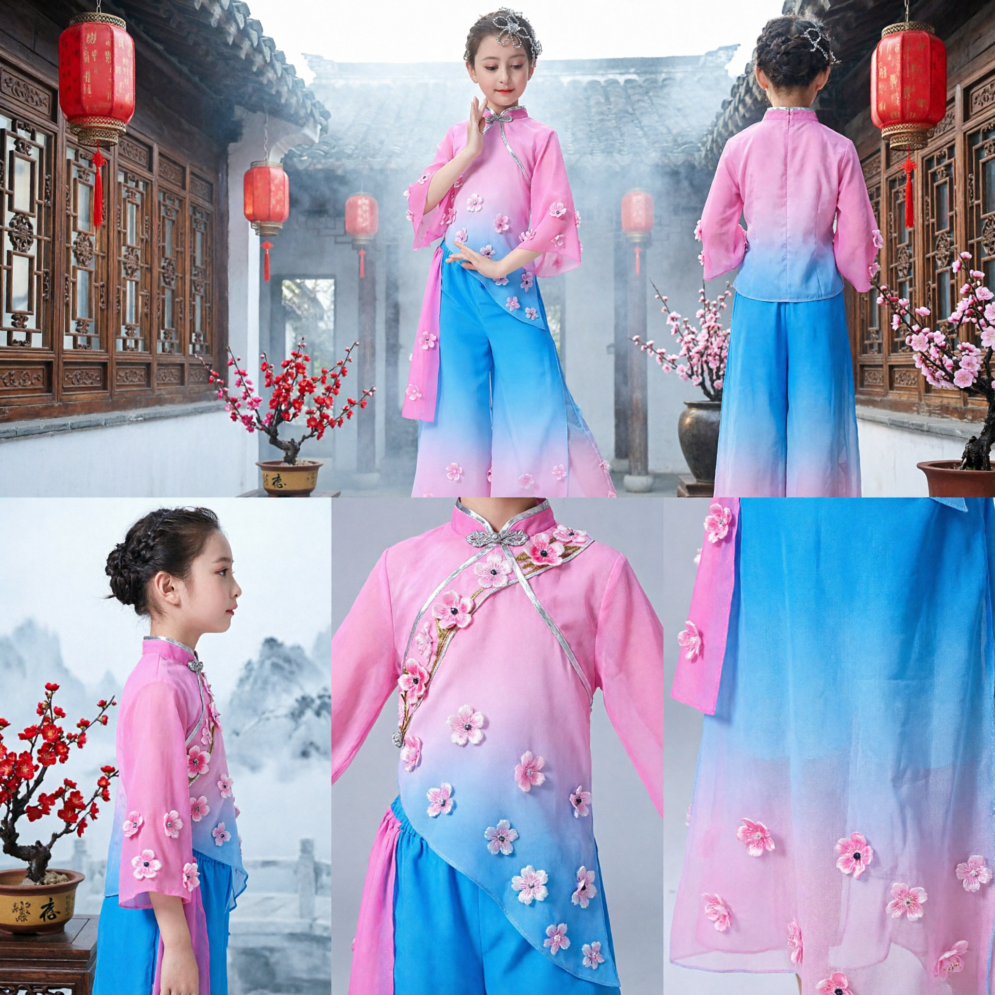 Children Traditional Chinese Folk Dance Costume Pink Blue Gradient Fan Dance Uniform Girls Stage Performance Outfit