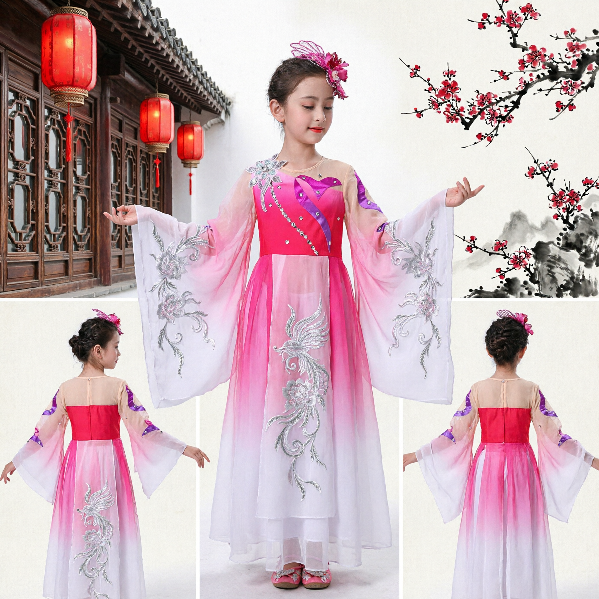 Chinese Classical Dance Costume for Kids Girls Pink Water Sleeves Stage Performance Outfit Traditional Folk Dress
