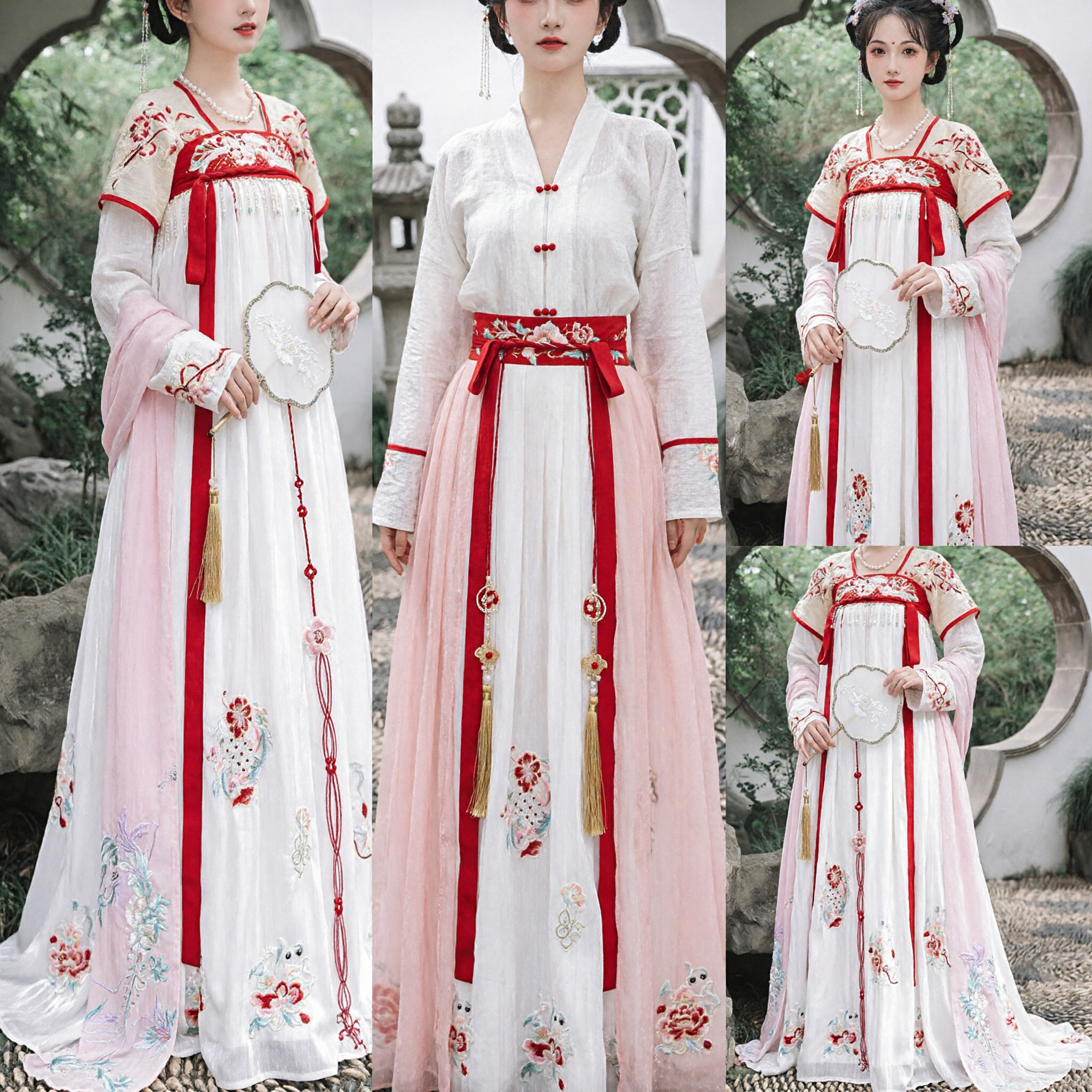 Elegant Traditional Chinese Tang Dynasty Hanfu Dress White and Pink Embroidered Ancient Costume for Women