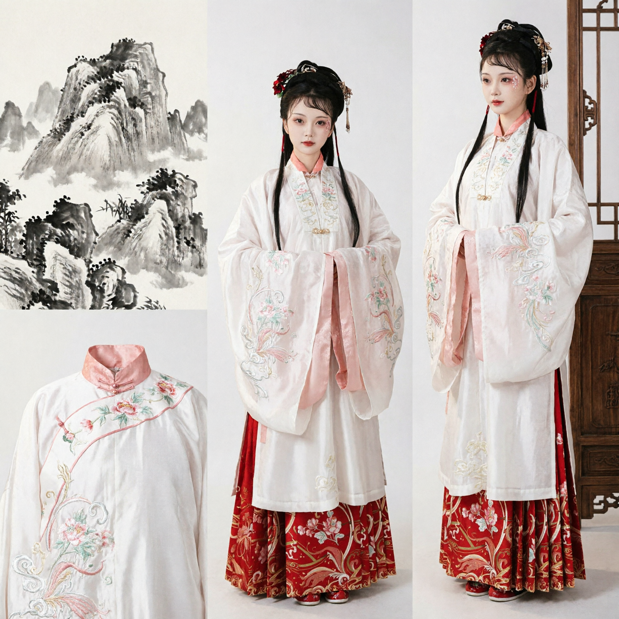 Traditional Chinese Ming Dynasty Hanfu Outfit White Floral Embroidery Jacket Red Skirt Set for Women