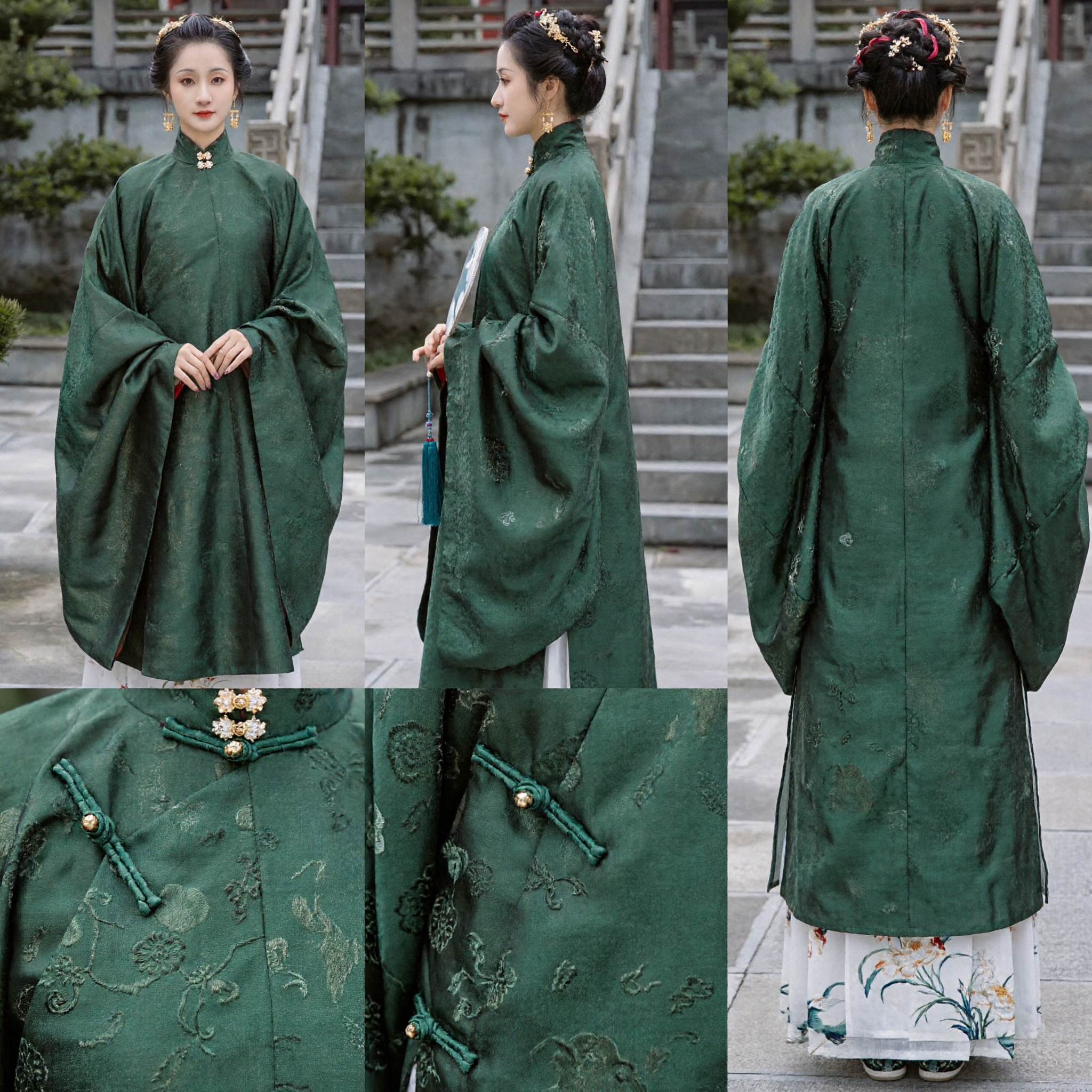 Traditional Chinese Ming Dynasty Hanfu Green Standing Collar Wide Sleeve Robe Ancient Costume for Women