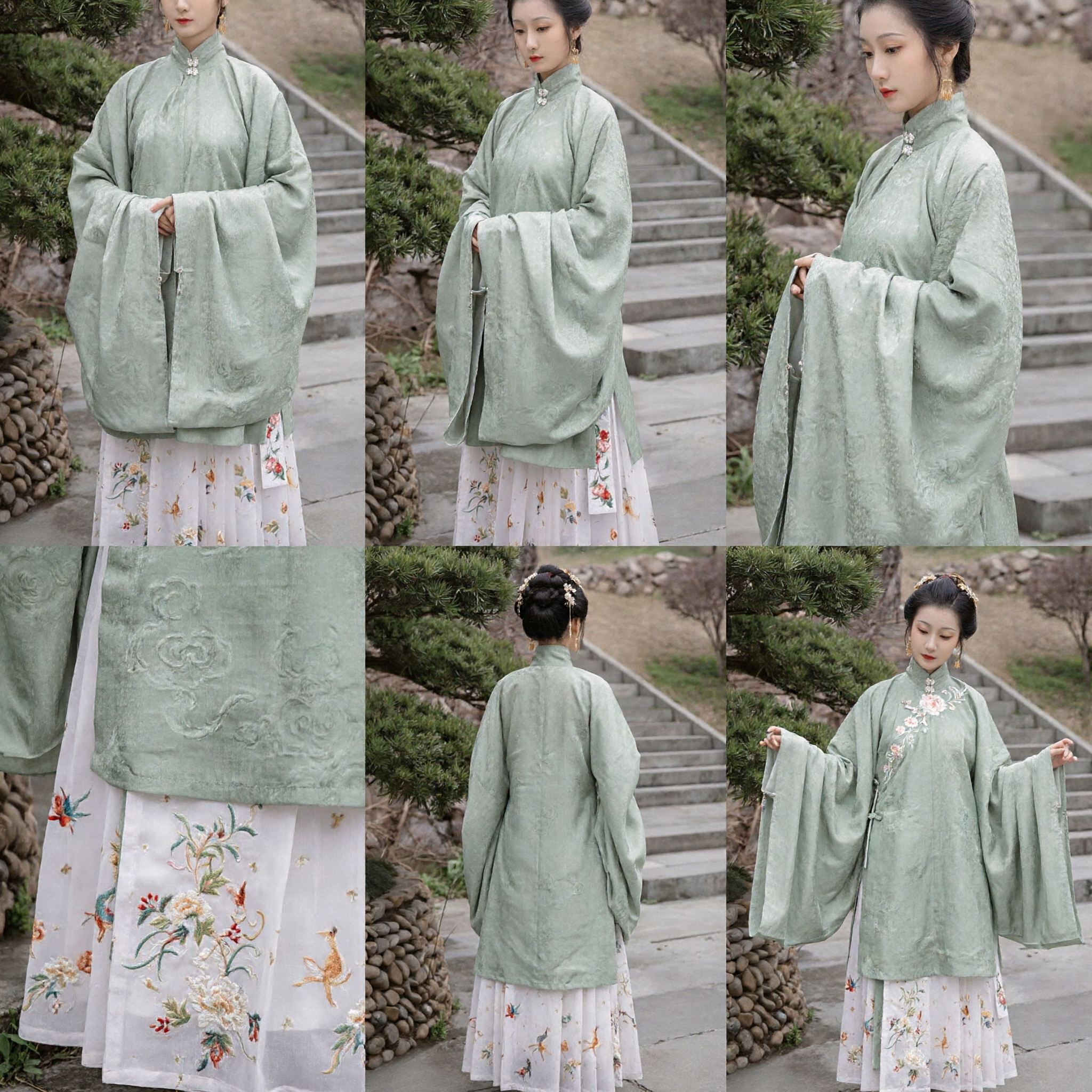 Traditional Chinese Ming Dynasty Hanfu Set Green Standing Collar Jacket and Floral Pleated Skirt for Women