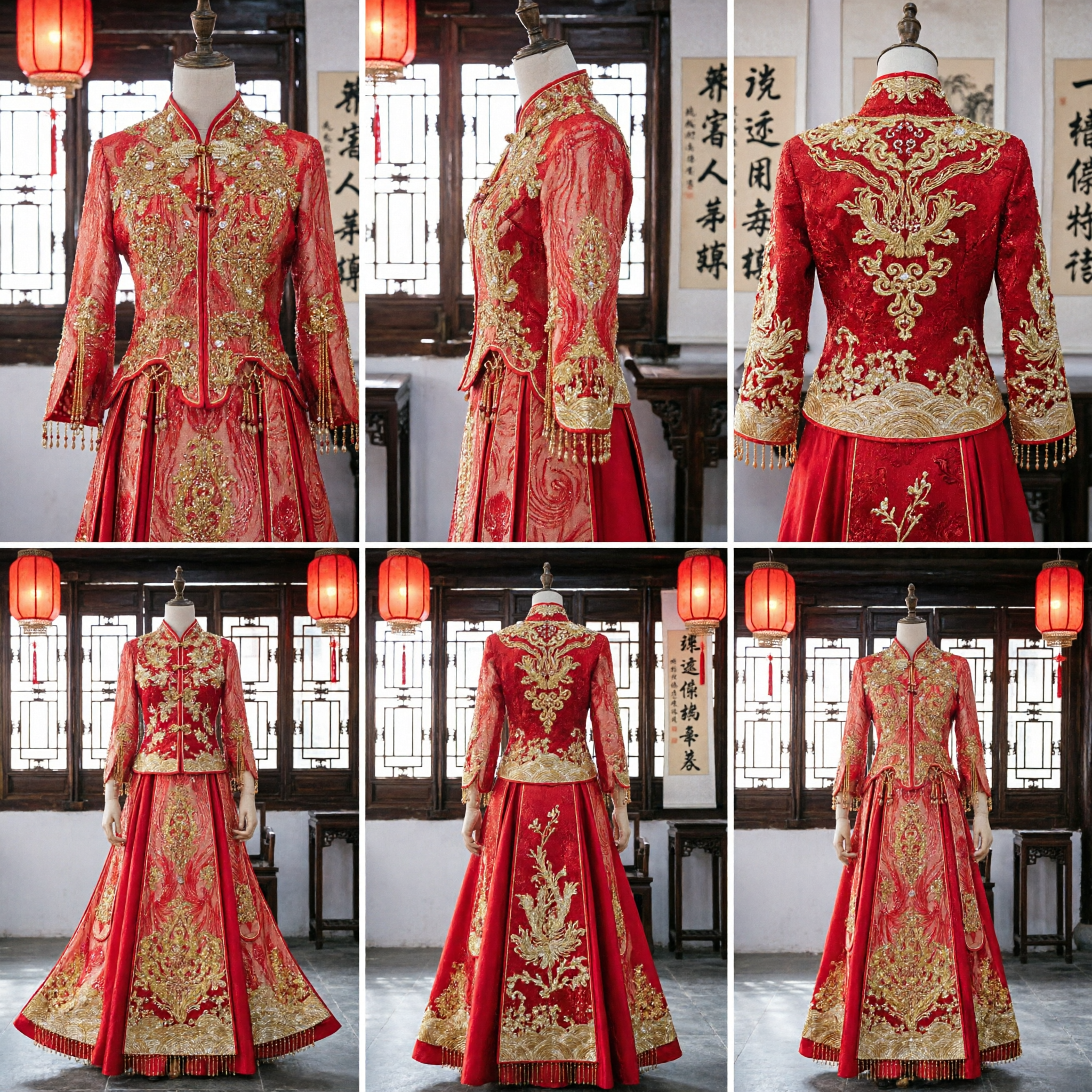 Luxury Red Chinese Wedding Dress Traditional Gold Embroidery Xiu He Fu Long Sleeve Bridal Gown for Bride