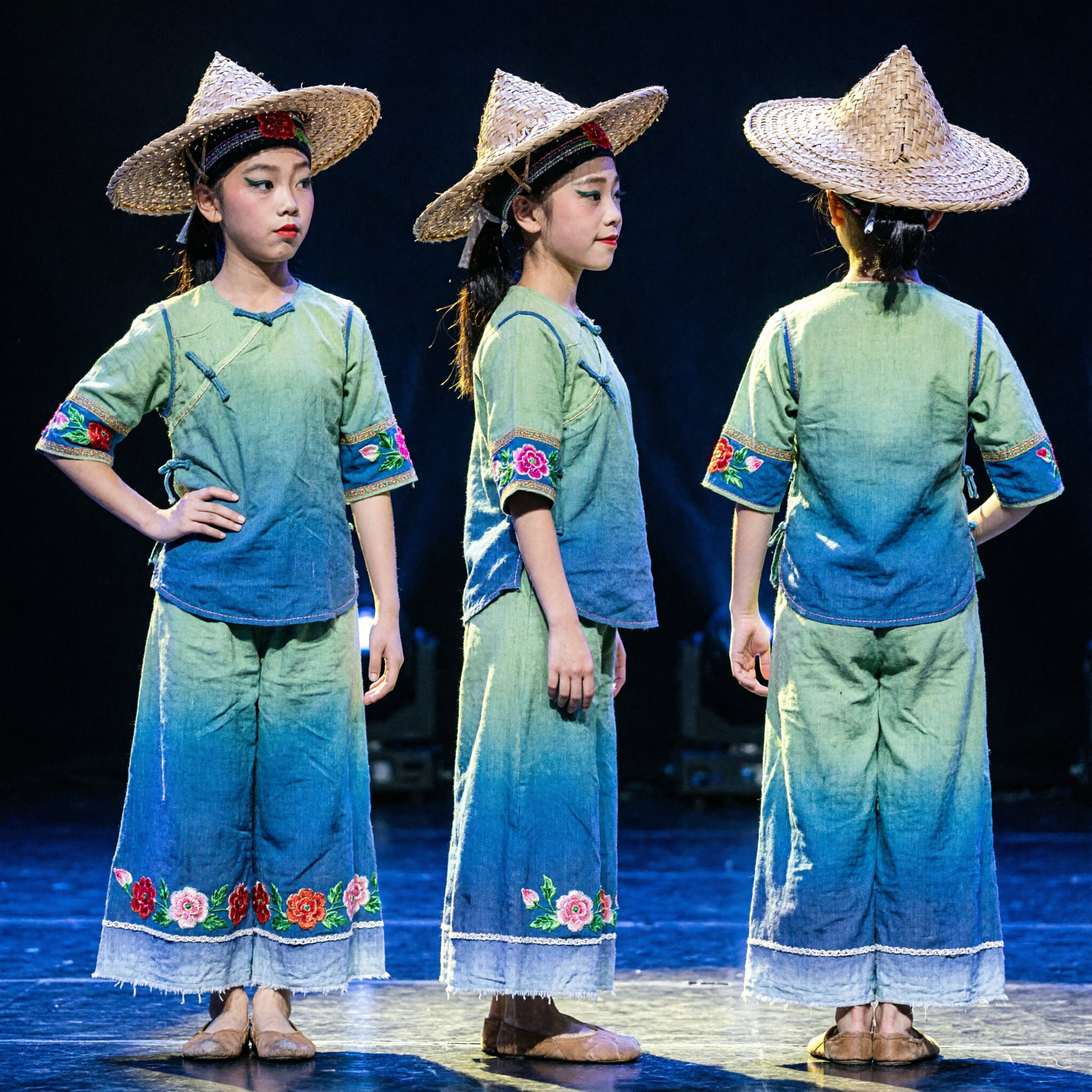 Traditional Chinese Folk Dance Costume for Girls Green Rice Farmer Outfit with Straw Hat Stage Performance