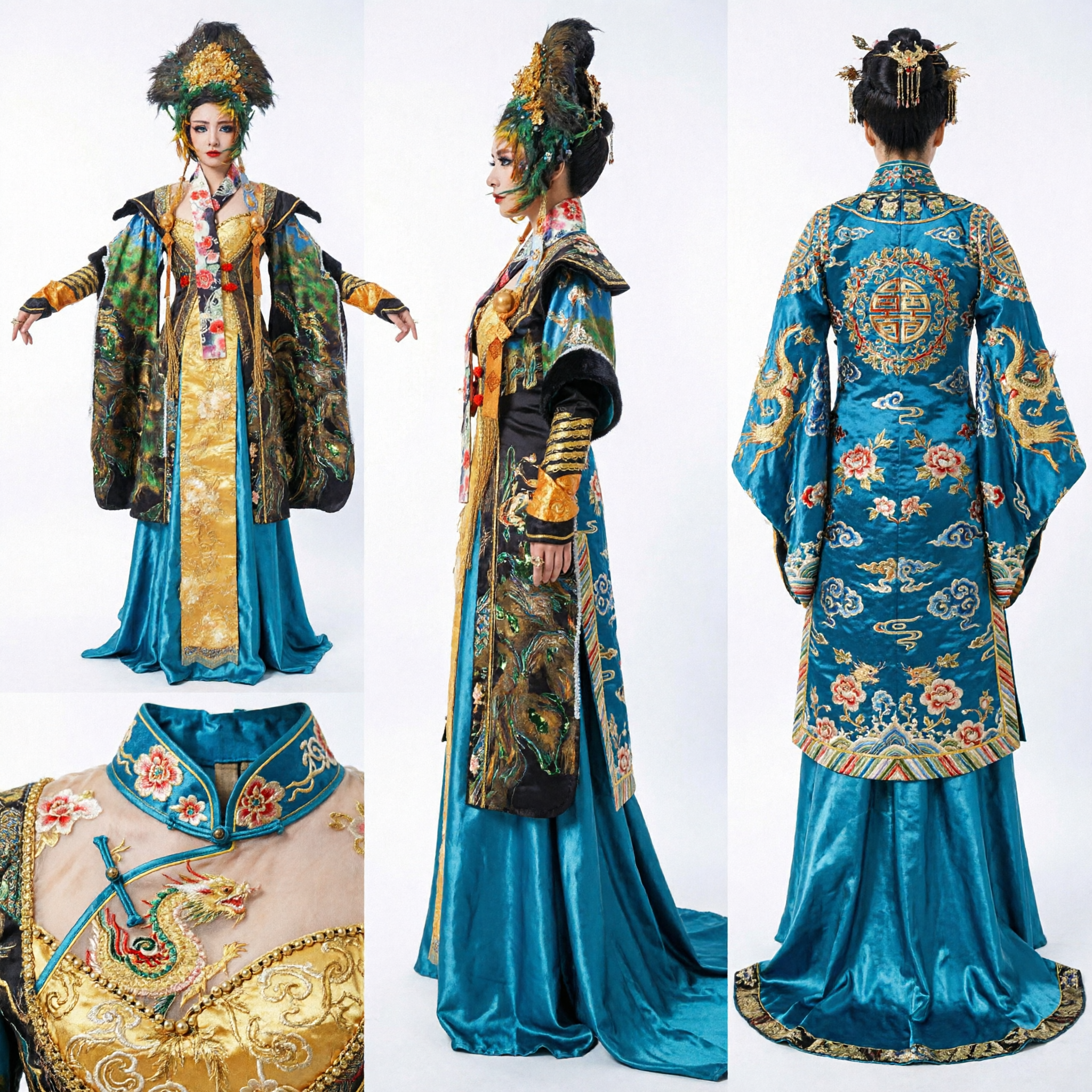 Traditional Chinese Ancient Empress Costume Peacock Phoenix Robe with Feather Headdress for Cosplay Stage Performance