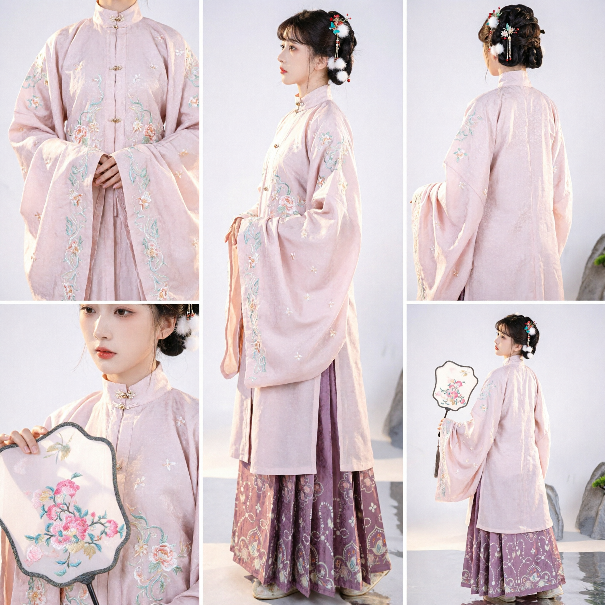 Traditional Chinese Hanfu Ming Dynasty Pink Embroidered Top and Purple Floral Skirt Ancient Costume for Ladies