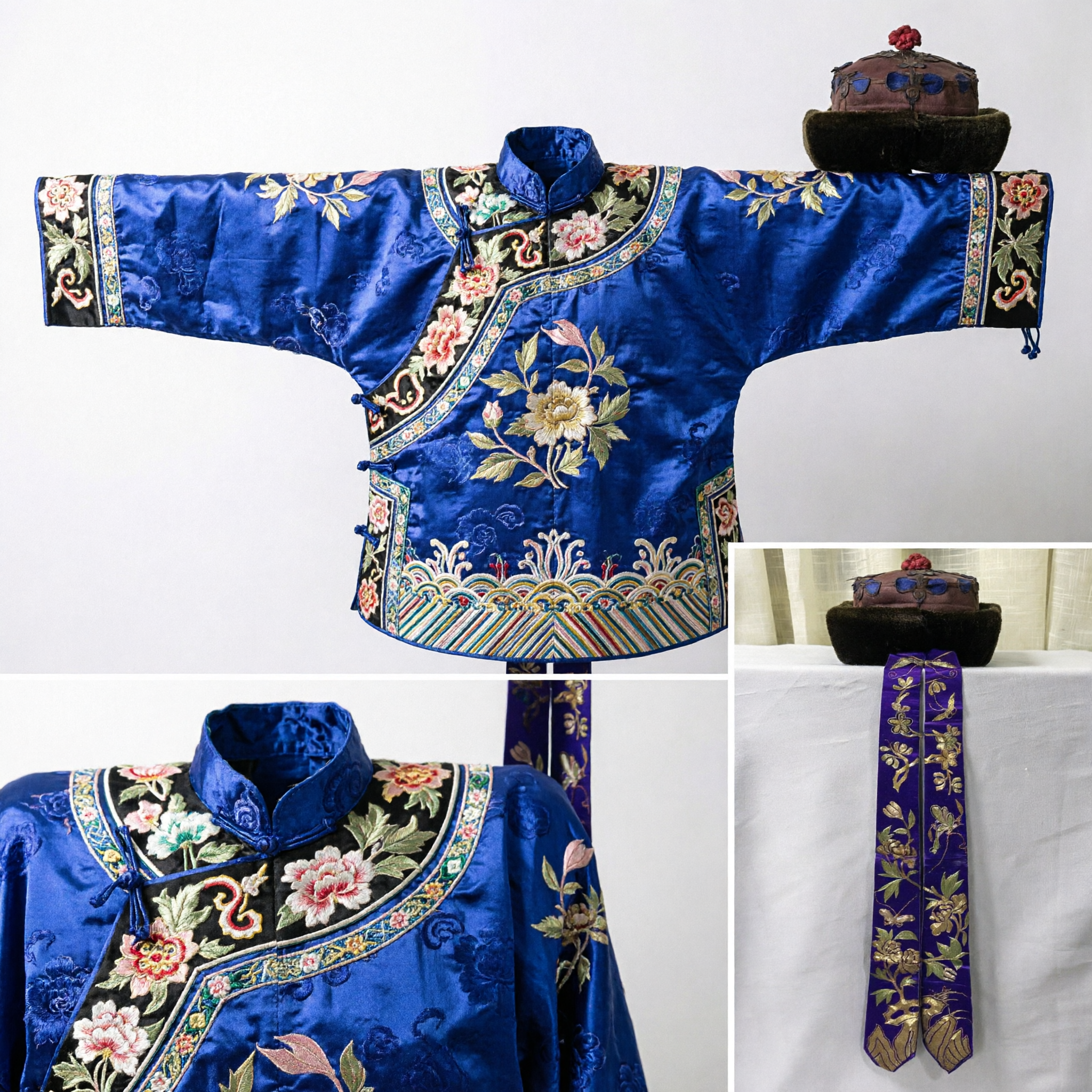 Traditional Chinese Qing Dynasty Winter Hat with Fur Brim and Embroidered Ribbons for Men's Historical Costume Performance