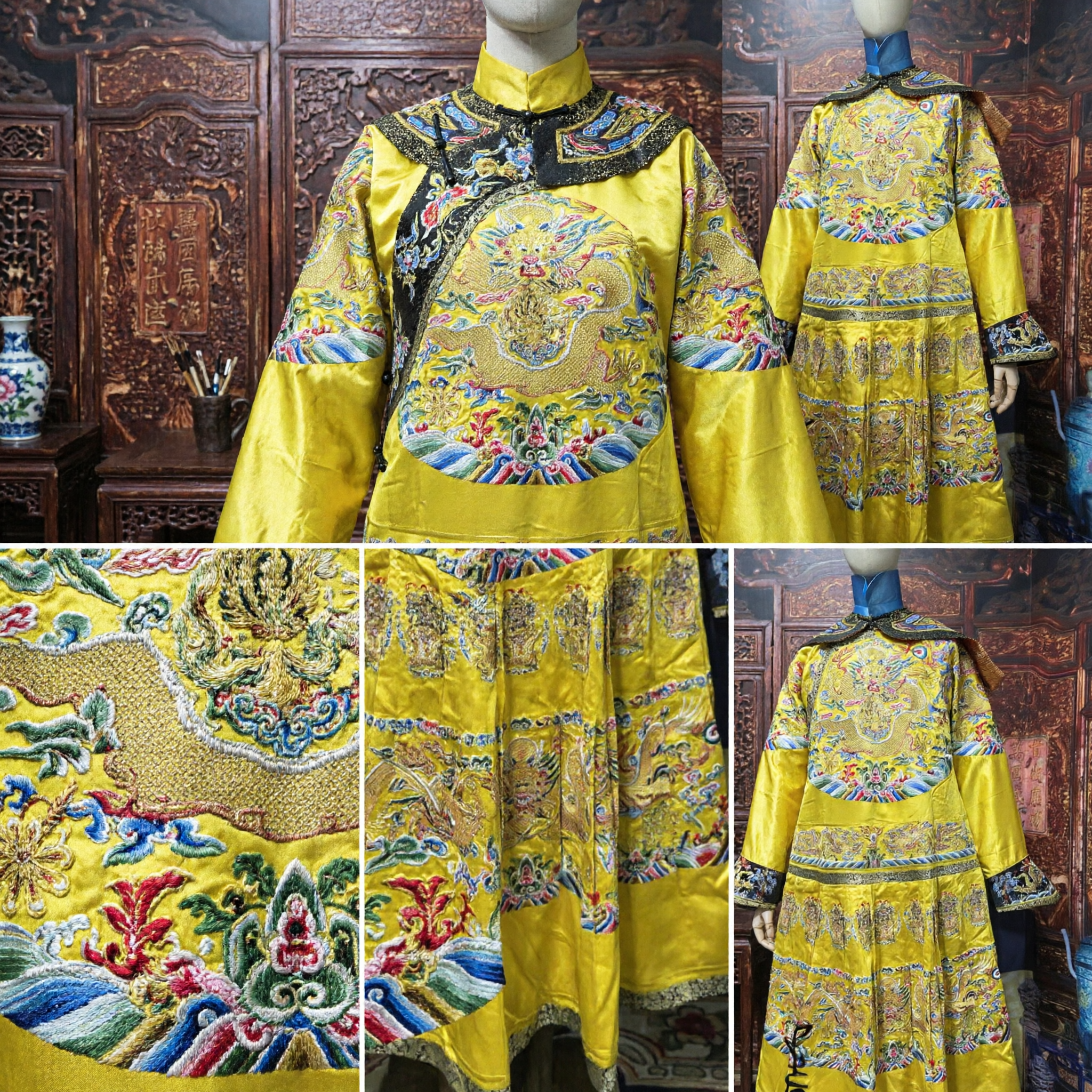 Traditional Chinese Imperial Yellow Dragon Robe Ancient Emperor Costume Qing Dynasty Embroidered Longpao for Men Performance