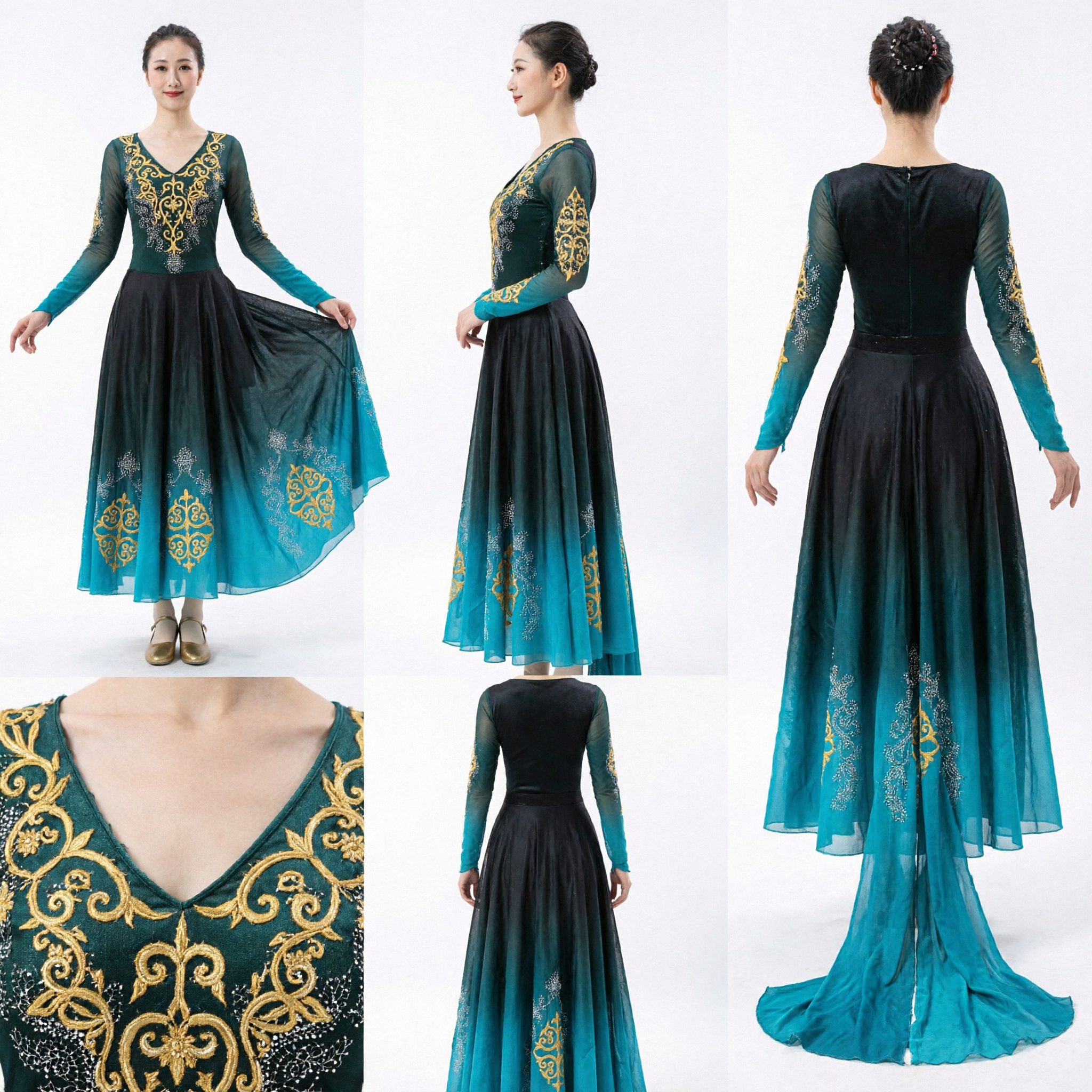 Women's Chinese Classical Dance Costume Green Gradient Gold Embroidery Long Sleeve Stage Performance Dress