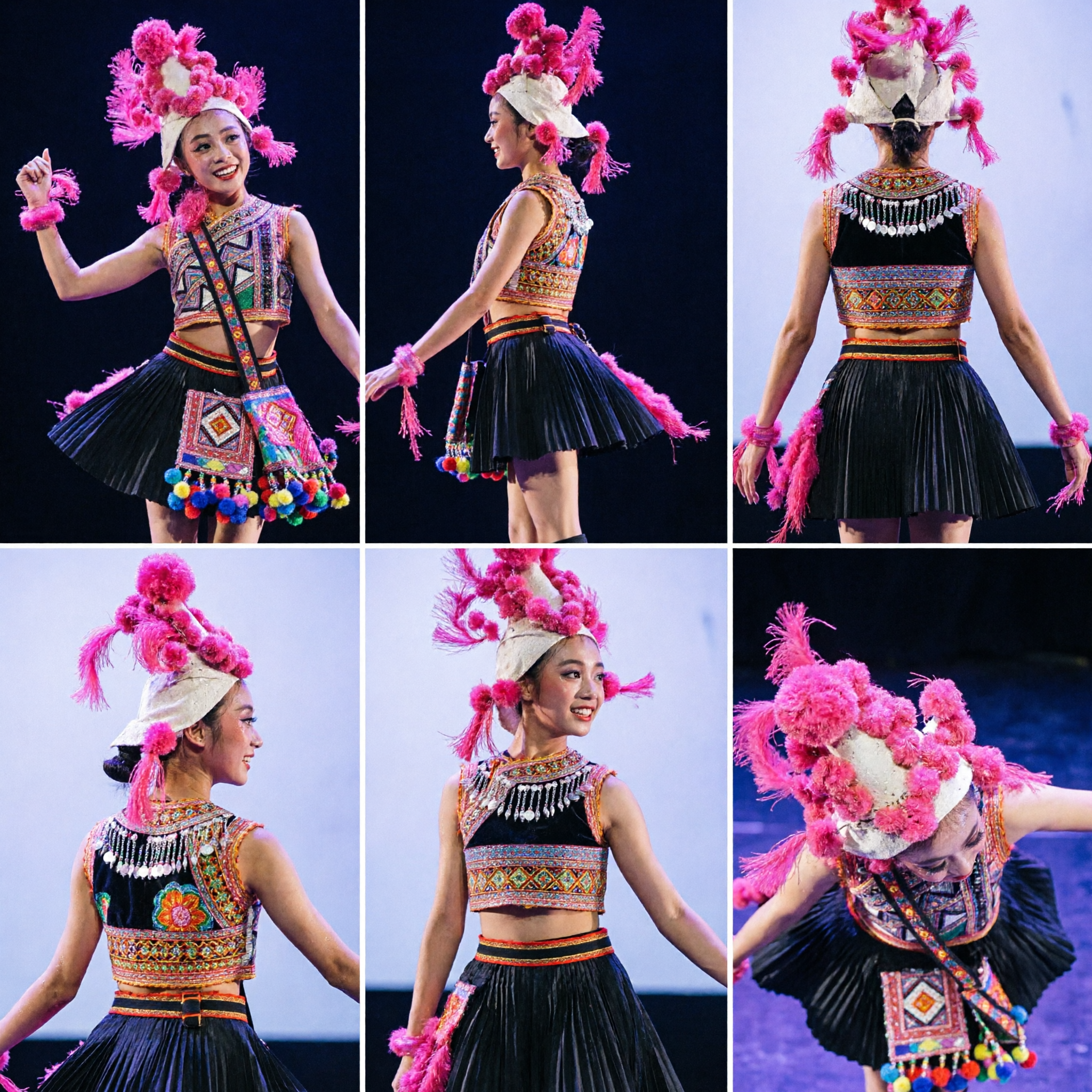 Girls Chinese Folk Dance Costume Traditional Ethnic Minority Stage Performance Outfit with Pink Floral Headpiece