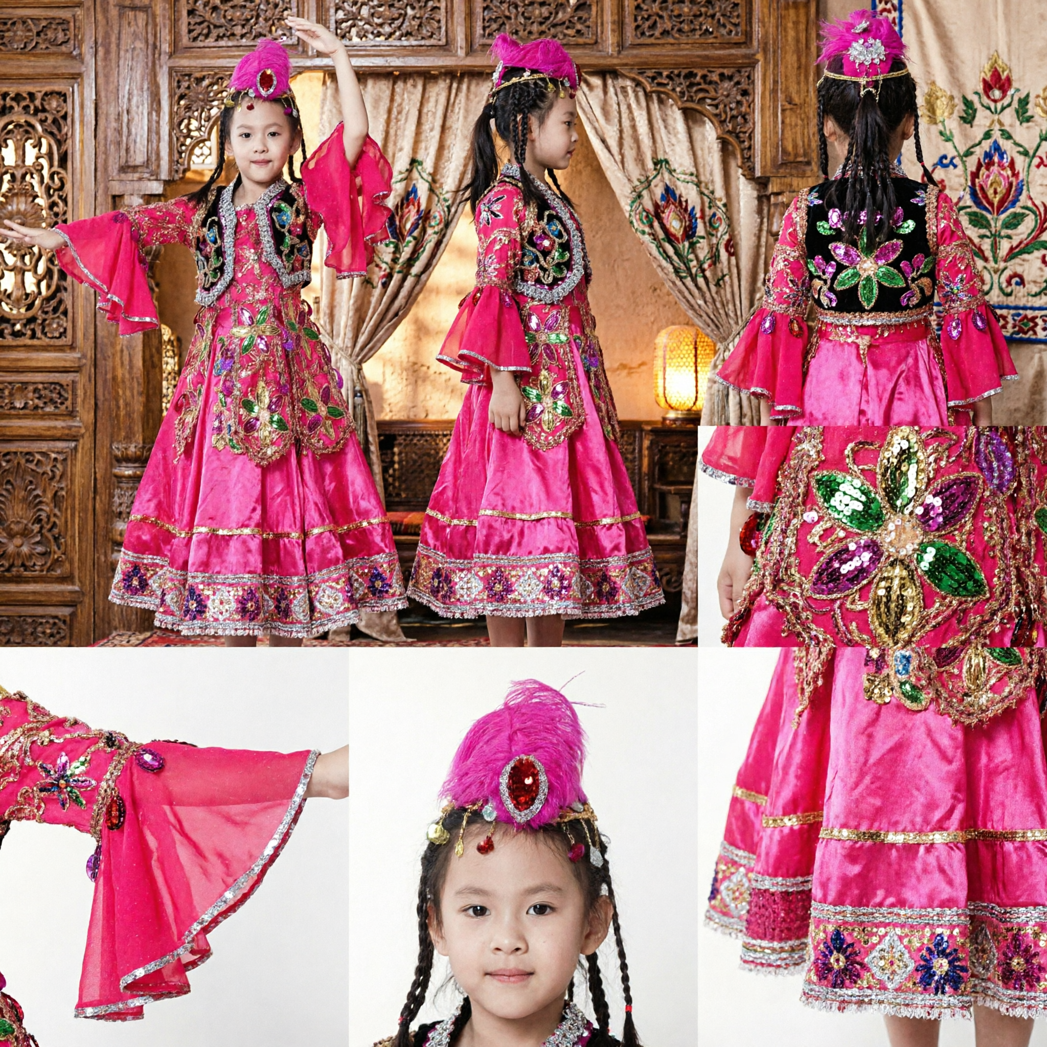 Traditional Chinese Uyghur Dance Costume for Kids Girls Pink Ethnic Minority Folk Dress Stage Performance Wear
