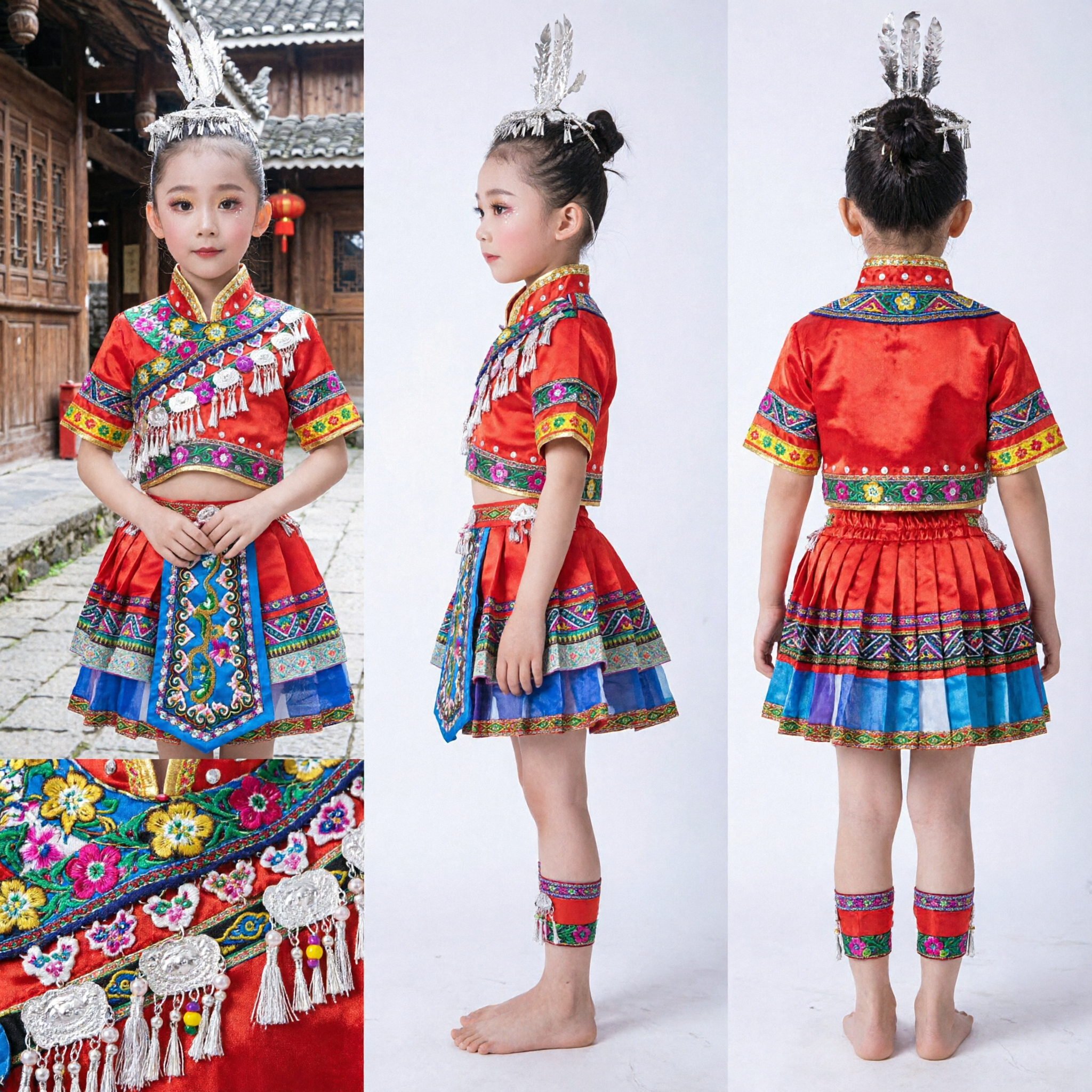 Kids Chinese Miao Ethnic Dance Costume Traditional Red Embroidered Dress for Girls Folk Stage Performance