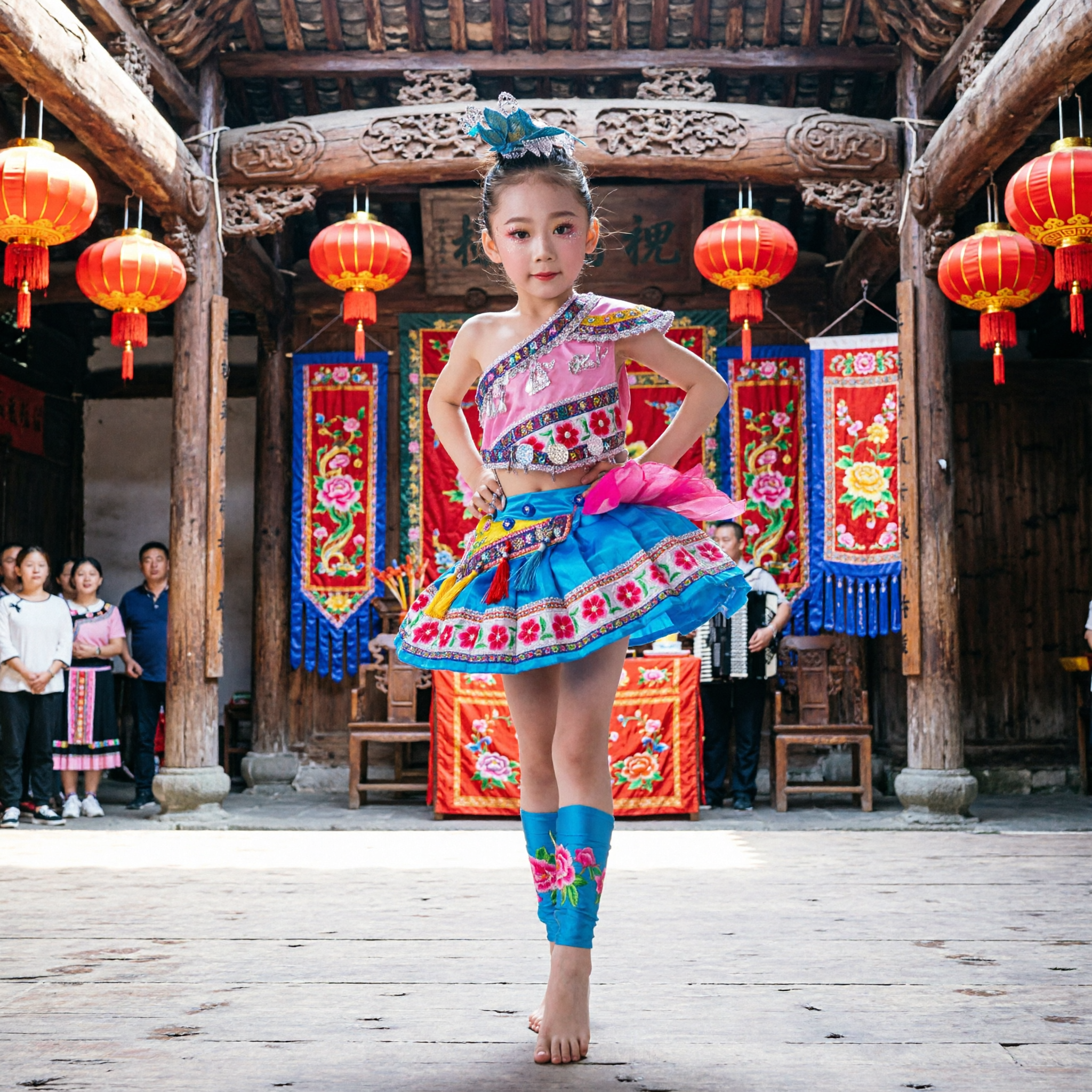 Kids Chinese Folk Dance Costume Girls Traditional Ethnic Minority Stage Performance Outfit Pink and Blue Dress