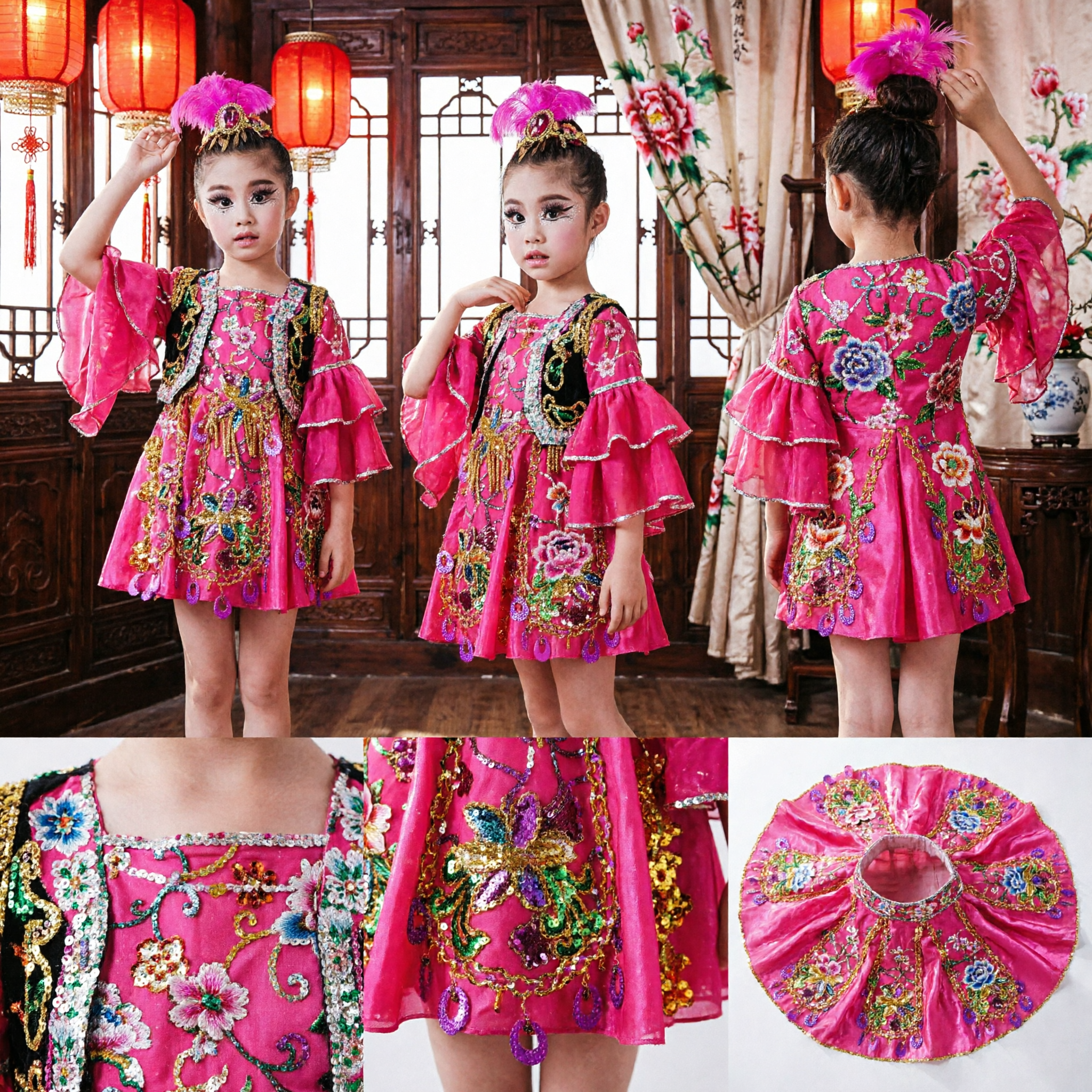 Girls Chinese Traditional Folk Dance Costume Pink Stage Performance Dress Ethnic Minority Outfit with Headpiece
