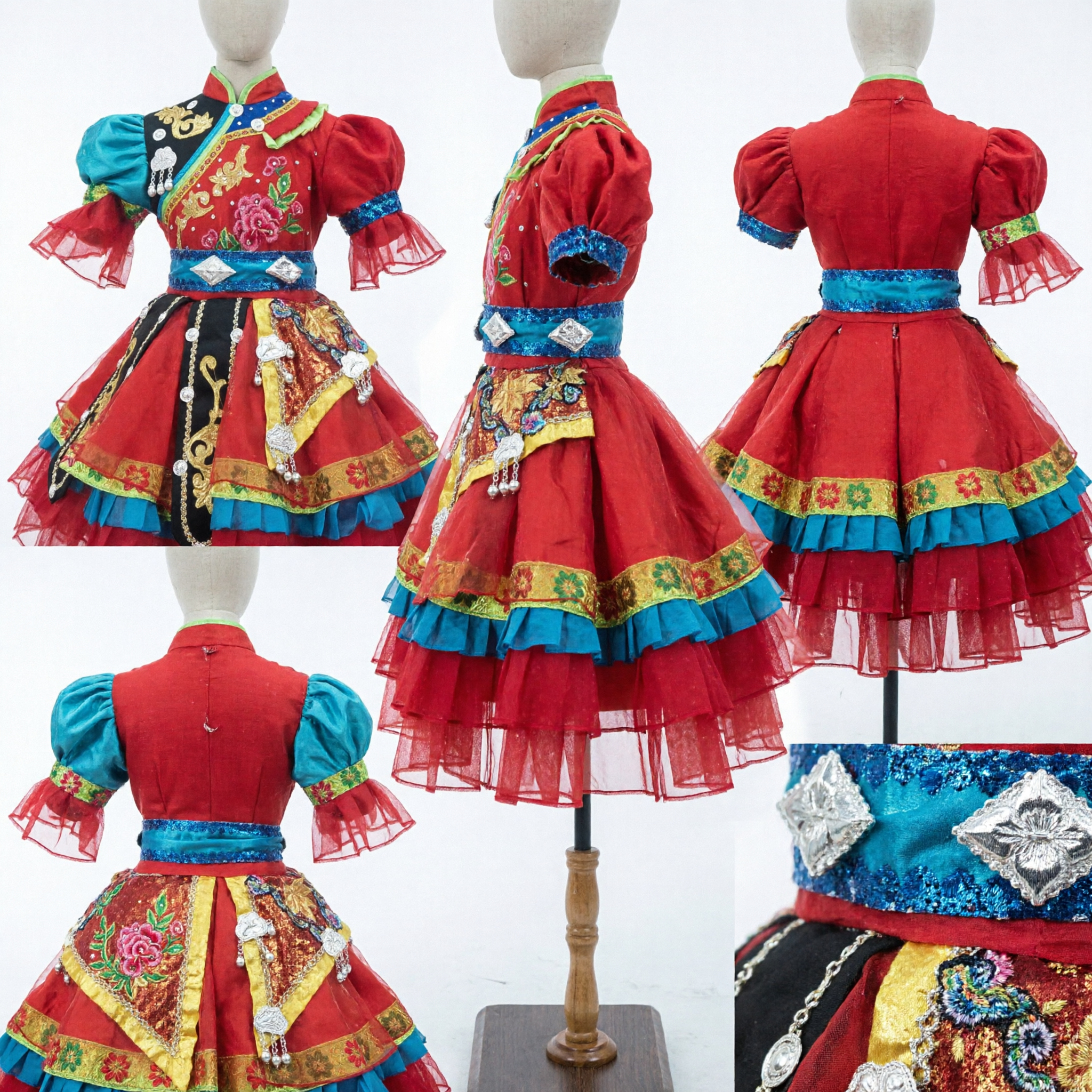 Vibrant Red Chinese Ethnic Minority Dance Costume Embroidered Yi Nationality Stage Performance Dress for Women