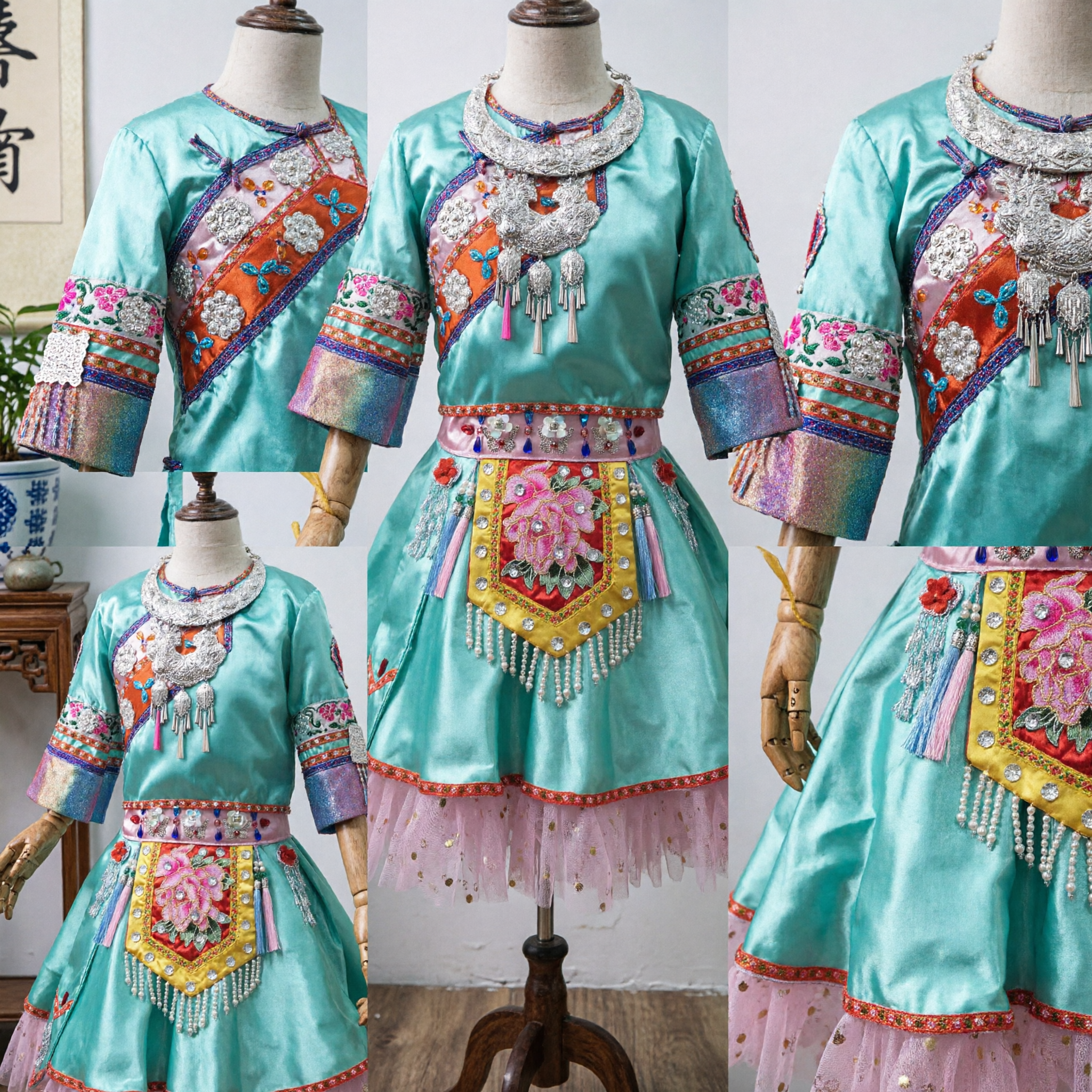 Traditional Chinese Ethnic Costume Teal Satin Dress for Girls with Silver Jewelry for Stage Dance Performance