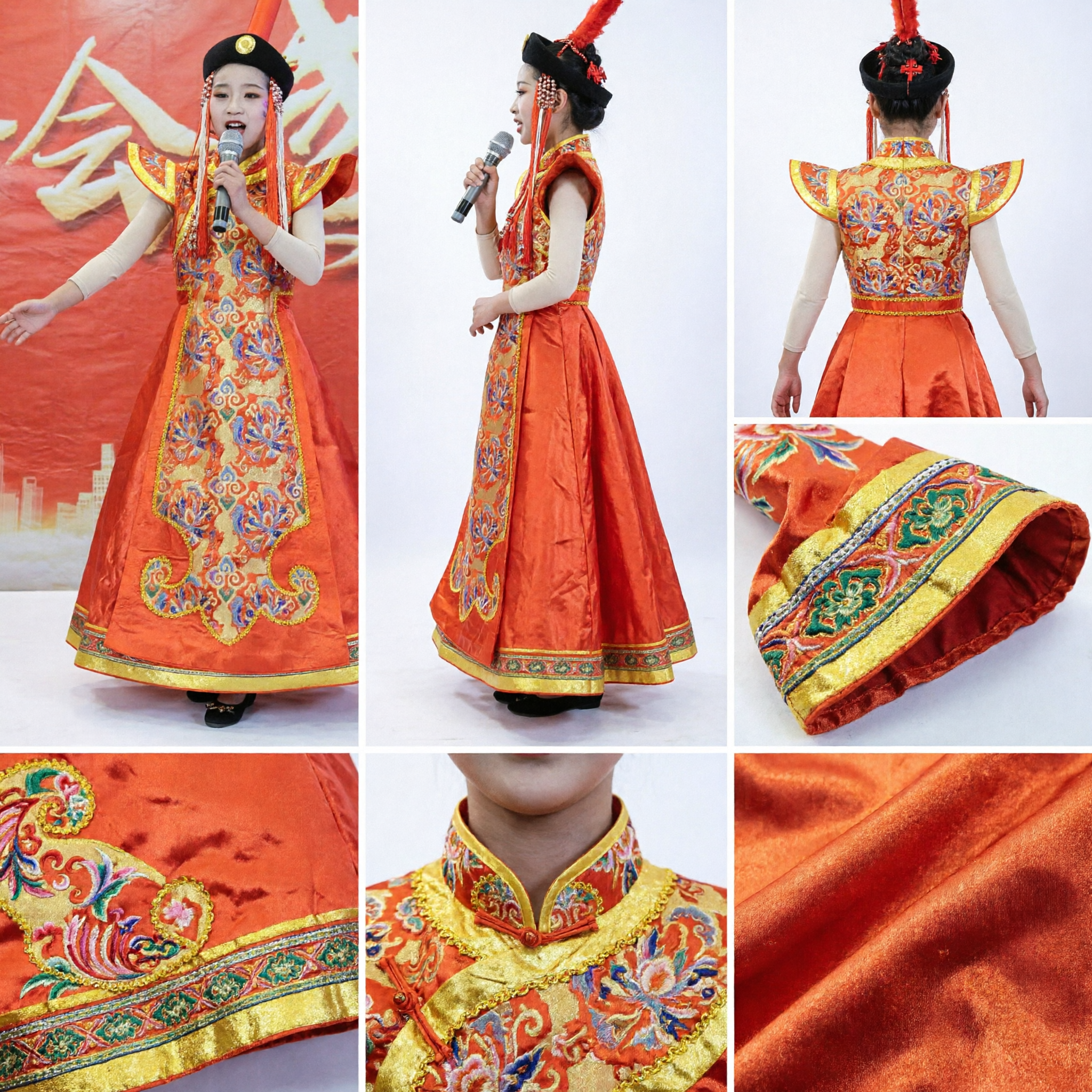 Women's Traditional Chinese Orange Embroidered Performance Dress for Stage Singing and Folk Dance Galas