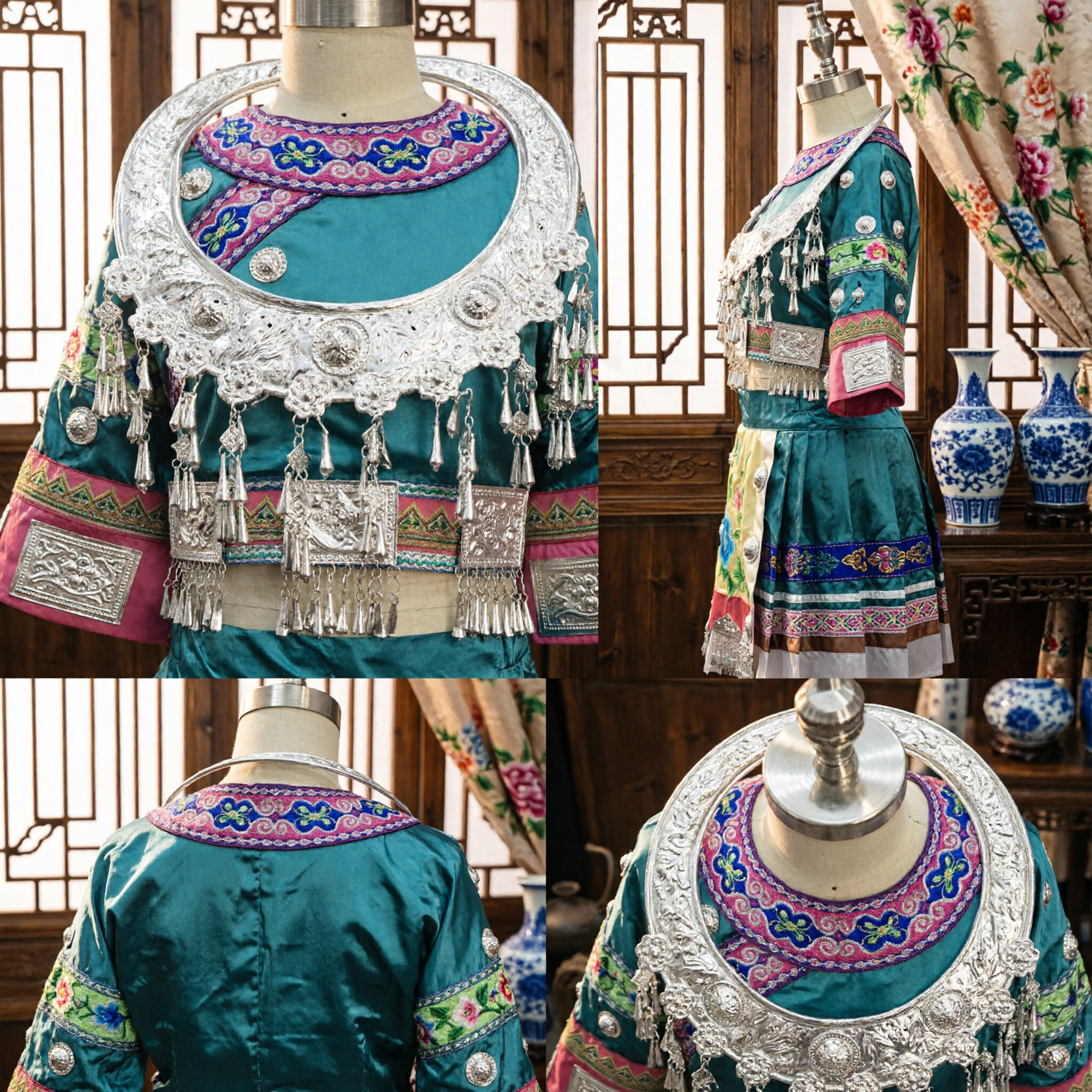 Traditional Chinese Miao Ethnic Costume Women's Teal Embroidered Dress with Silver Jewelry for Folk Dance Performance